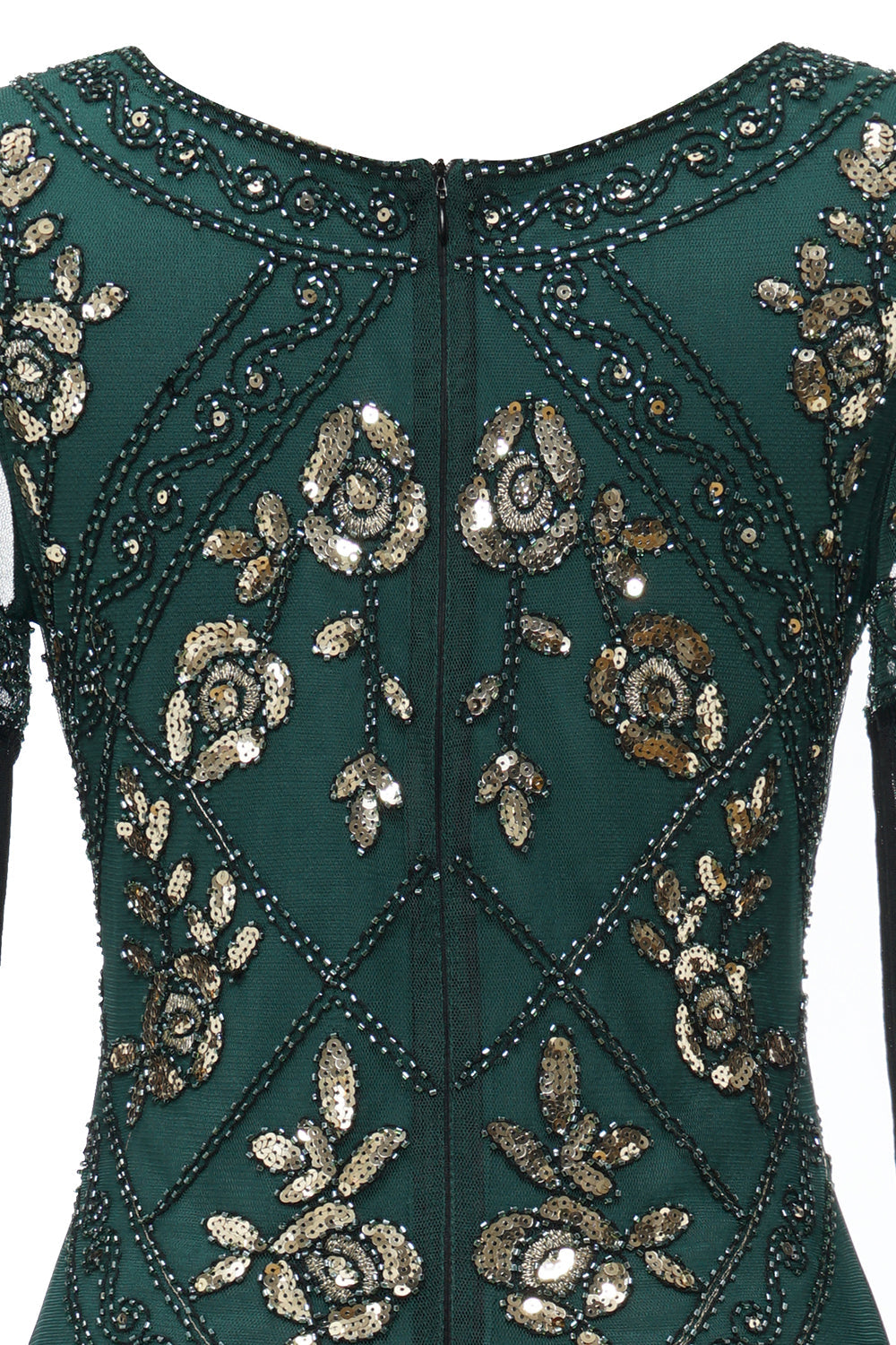 Robe Charleston noire longue à col en V, avec sequins et franges