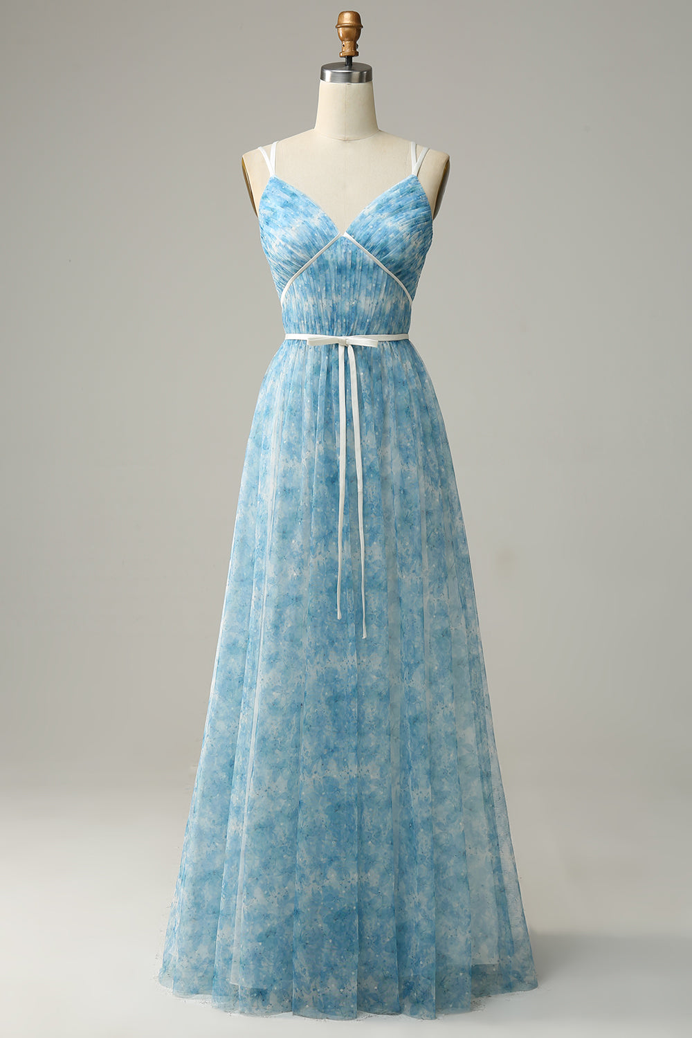 Robe longue de demoiselle d'honneur trapèze en tulle imprimé bleu
