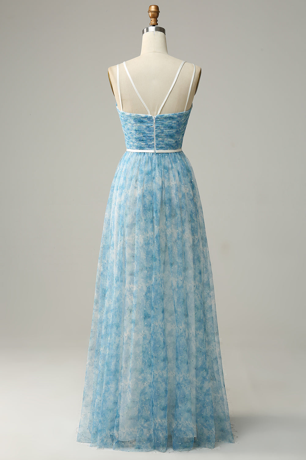 Robe longue de demoiselle d'honneur trapèze en tulle imprimé bleu