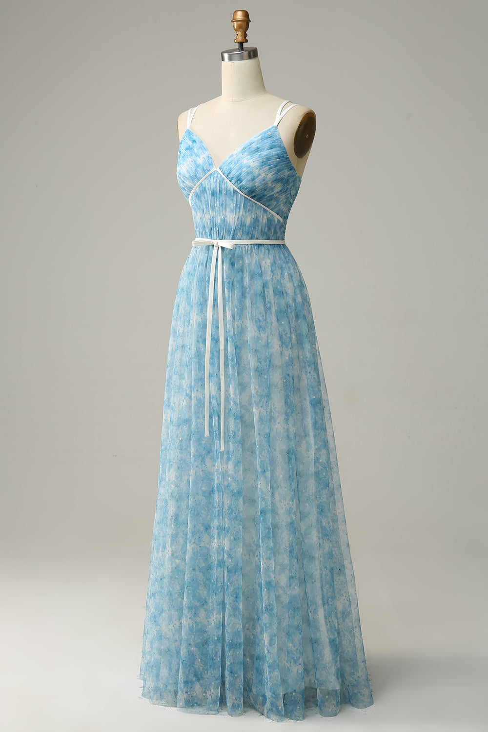 Robe longue de demoiselle d'honneur trapèze en tulle imprimé bleu