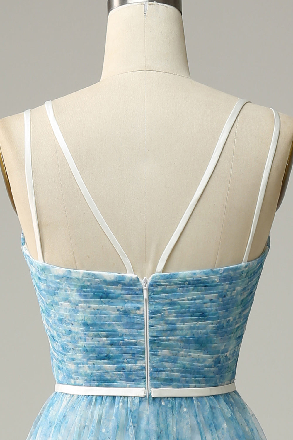 Robe longue de demoiselle d'honneur trapèze en tulle imprimé bleu