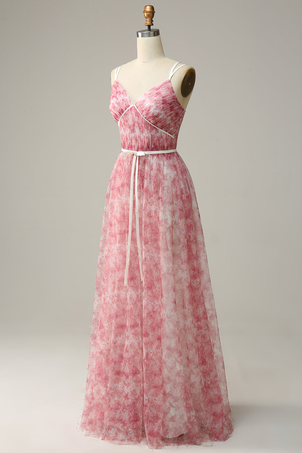 Robe longue de demoiselle d'honneur trapèze en tulle imprimé bleu