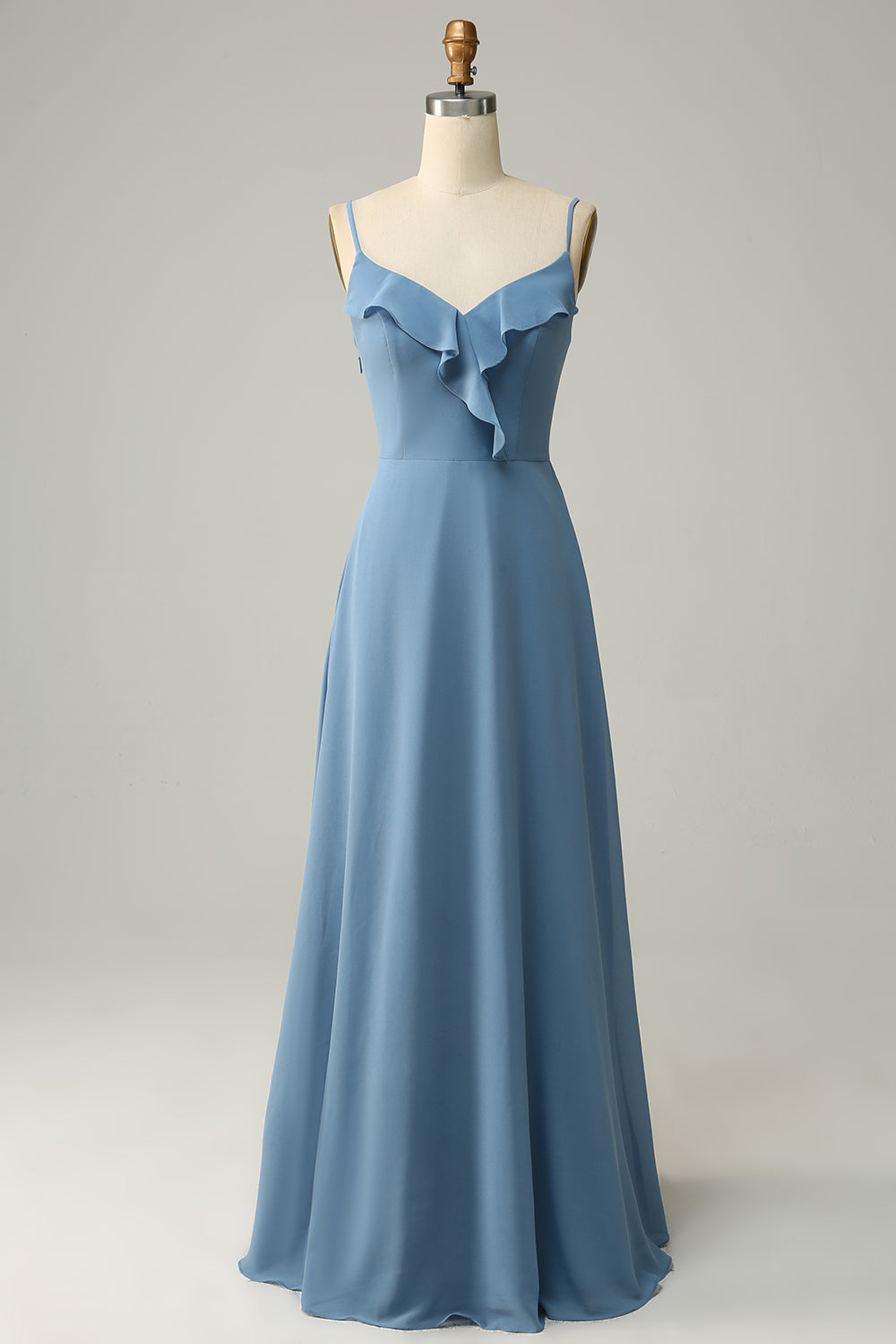 Robe longue de demoiselle d'honneur trapèze gris-bleu à fines bretelles et dos croisé
