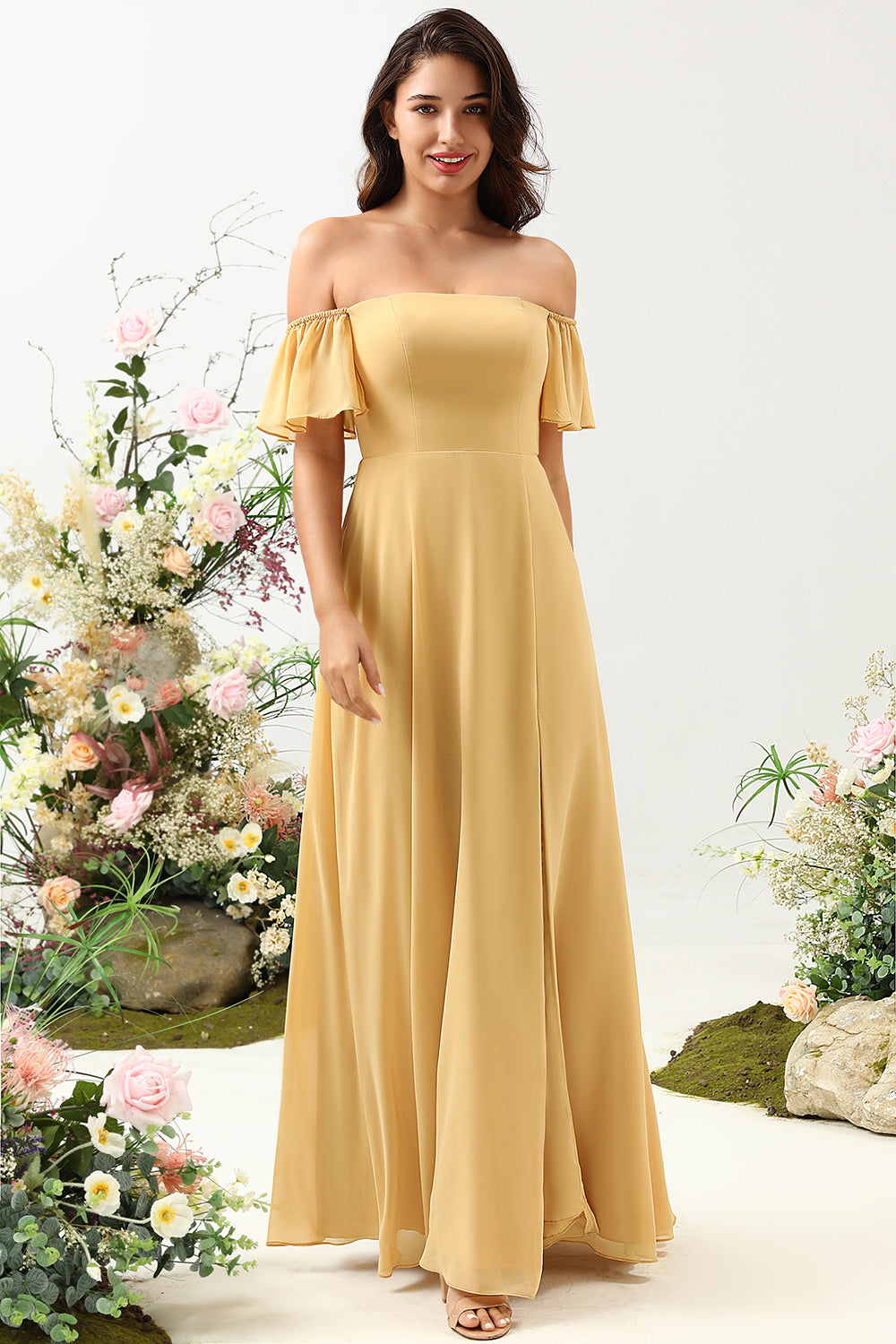 Robe de demoiselle d'honneur longue jaune à épaules dénudées