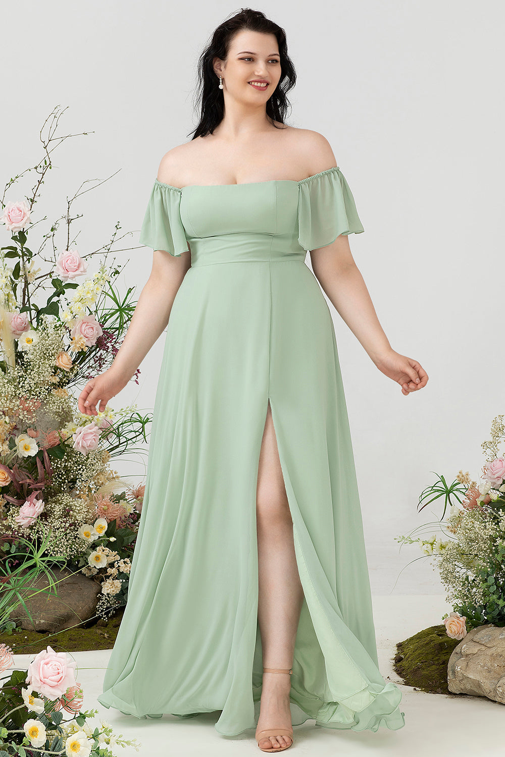 Robe de demoiselle d'honneur grande taille style Bardot avec fente