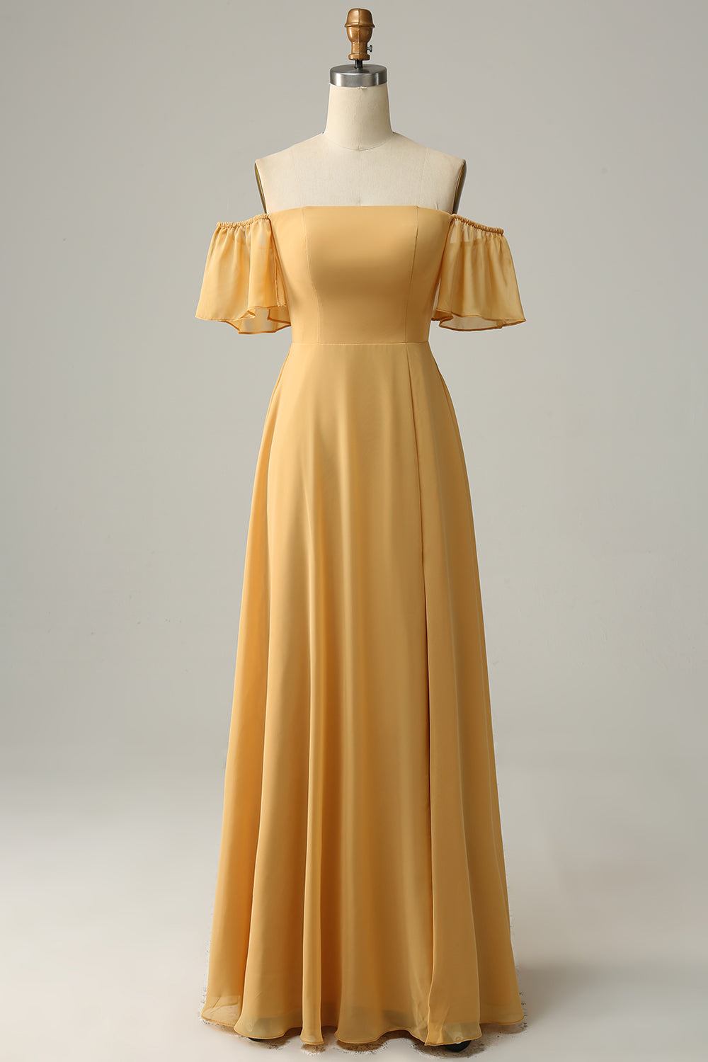 Robe de demoiselle d'honneur longue jaune à épaules dénudées