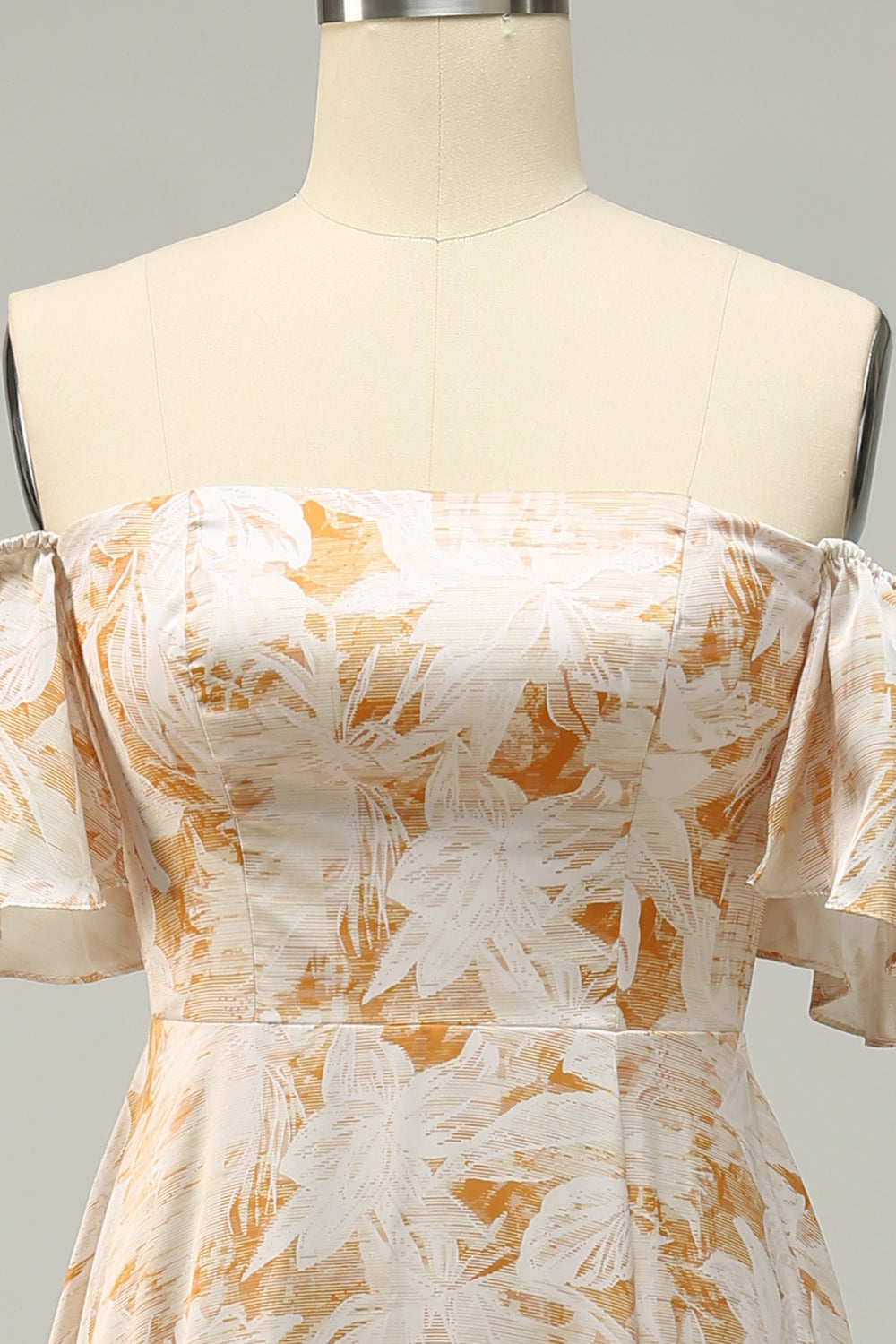 A Line Off the Shoulder Yellow Floral Printed Plus Size Bridesmaid Dress