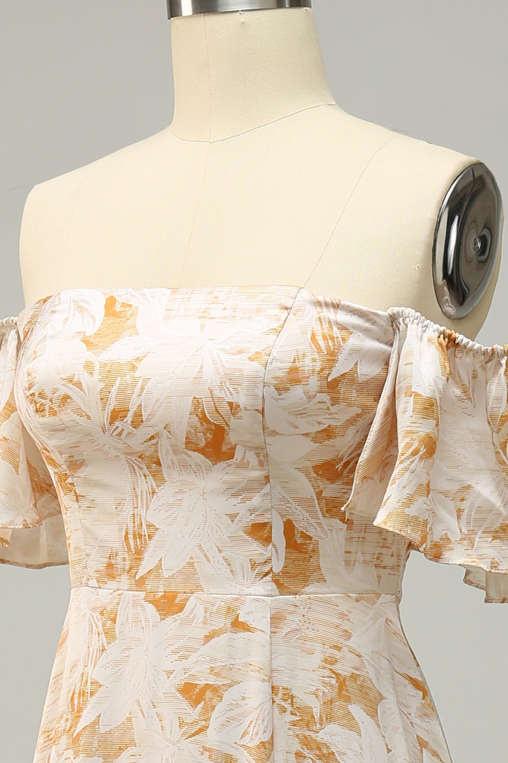 A Line Off the Shoulder Yellow Floral Printed Plus Size Bridesmaid Dress