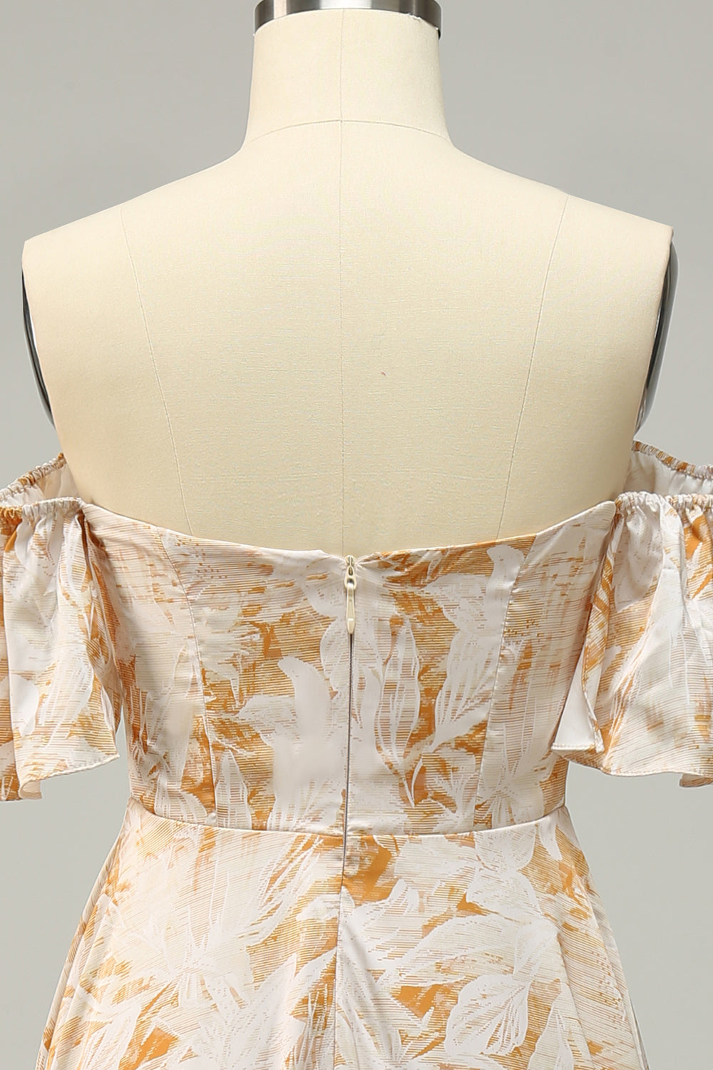 A Line Off the Shoulder Yellow Floral Printed Plus Size Bridesmaid Dress