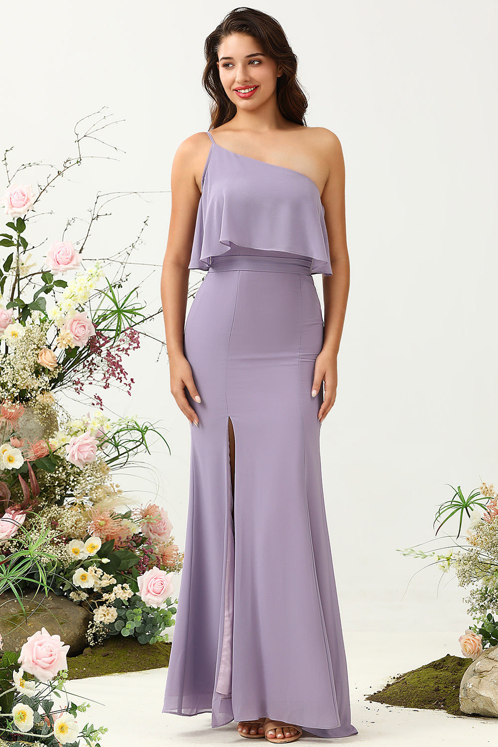 Robe de demoiselle d'honneur violette taille plus avec fente, fourreau asymétrique à une épaule