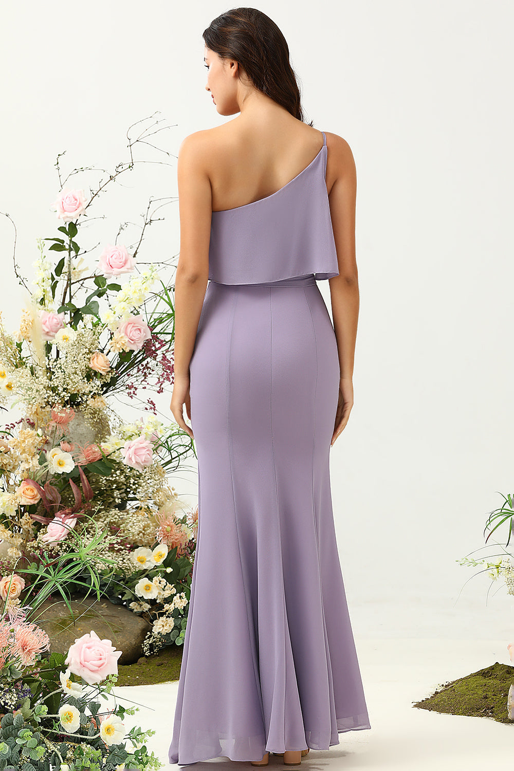Robe de demoiselle d'honneur violette taille plus avec fente, fourreau asymétrique à une épaule