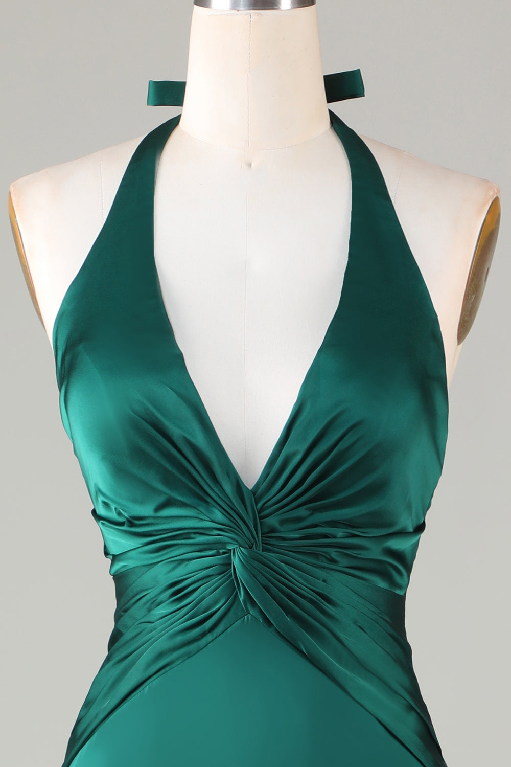 Dark Green Mermaid Halter Ruched Satin Long Bridesmaid Dress