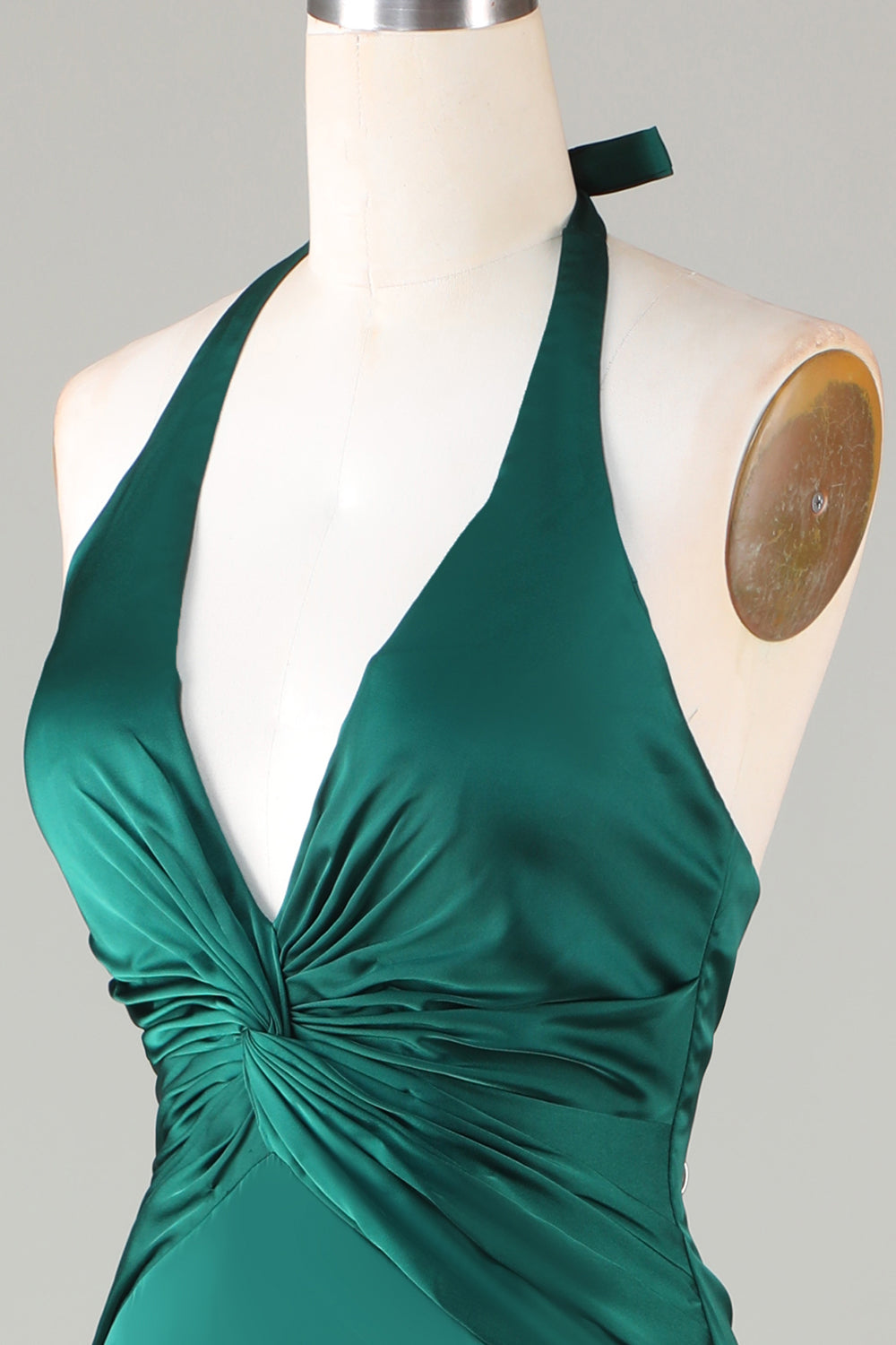 Dusty Sage Satin Mermaid Ruched Halter Bridesmaid Dress