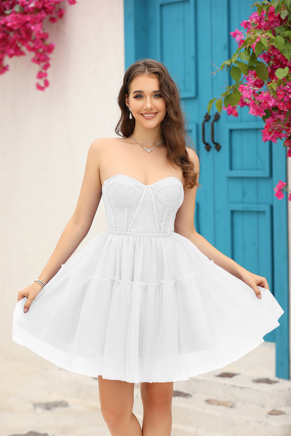 Robe Courte Blanche Corset Manches Longues Détachables