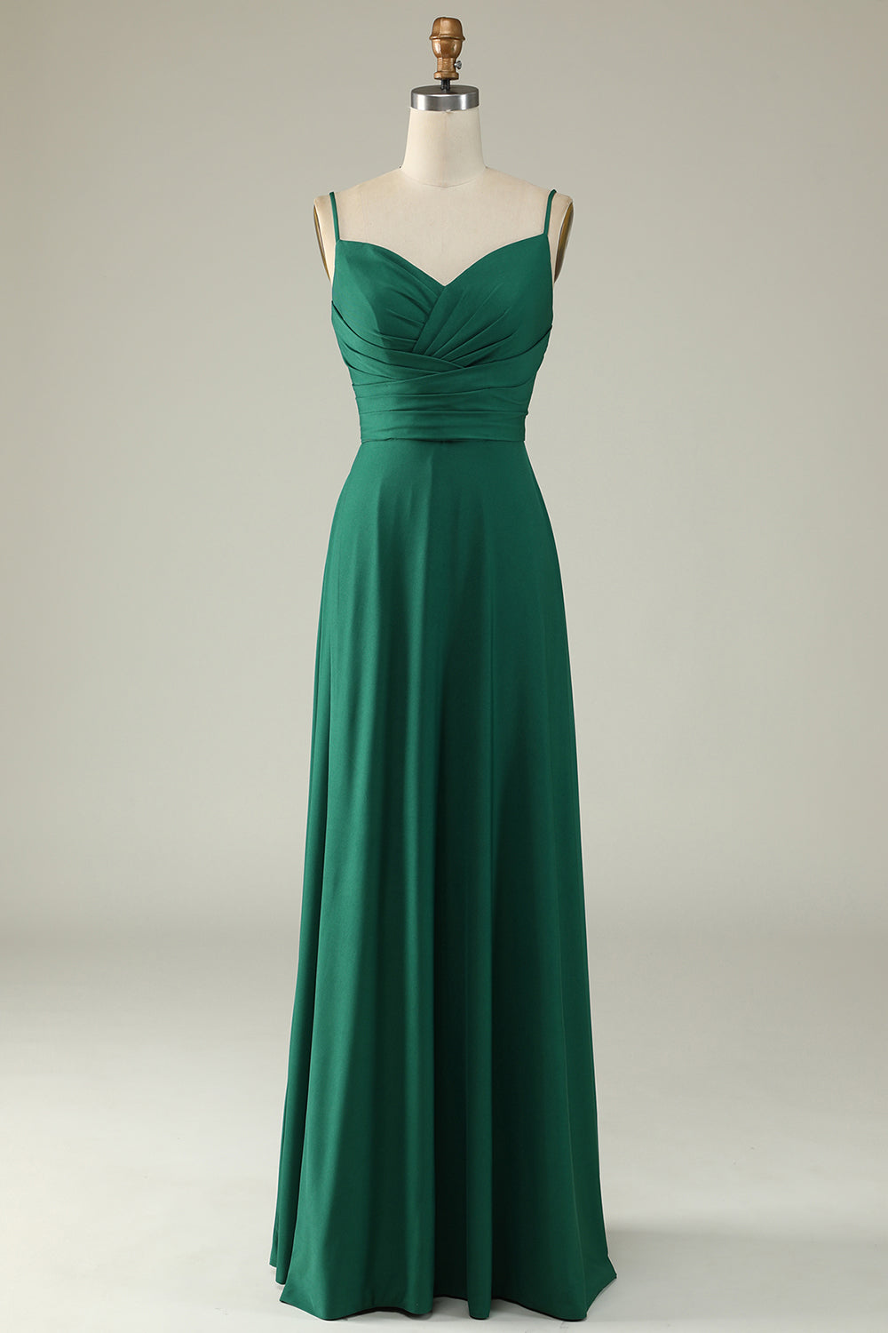 Robe longue de demoiselle d'honneur vert foncé coupe trapèze à bretelles spaghetti