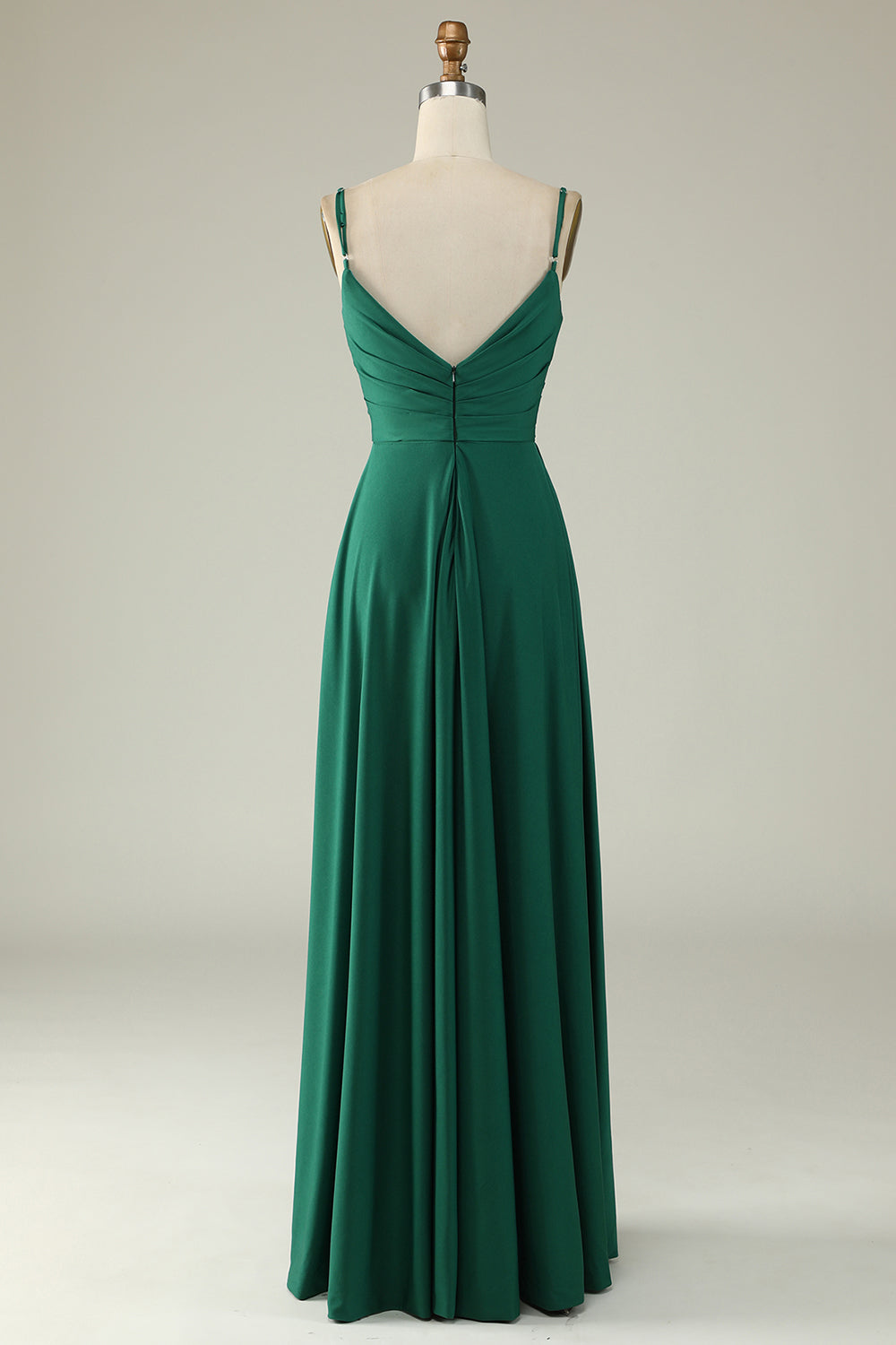 Robe longue de demoiselle d'honneur vert foncé coupe trapèze à bretelles spaghetti
