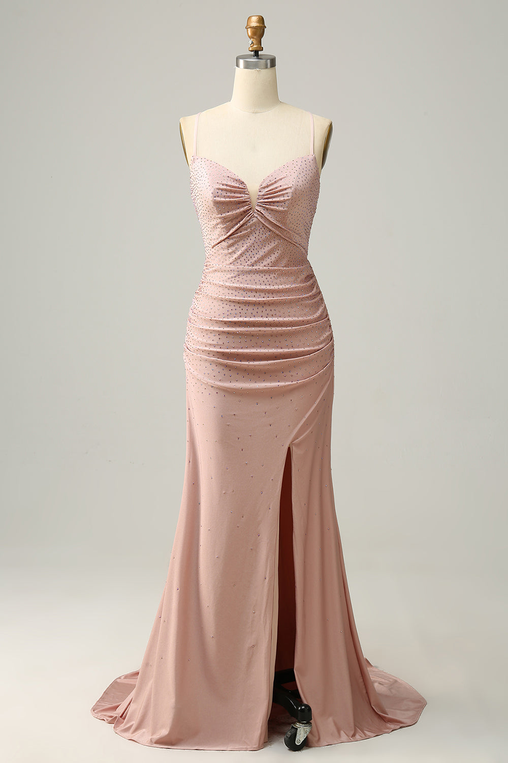 Robe de bal longue sirène bleu roi à bretelles spaghetti et perles