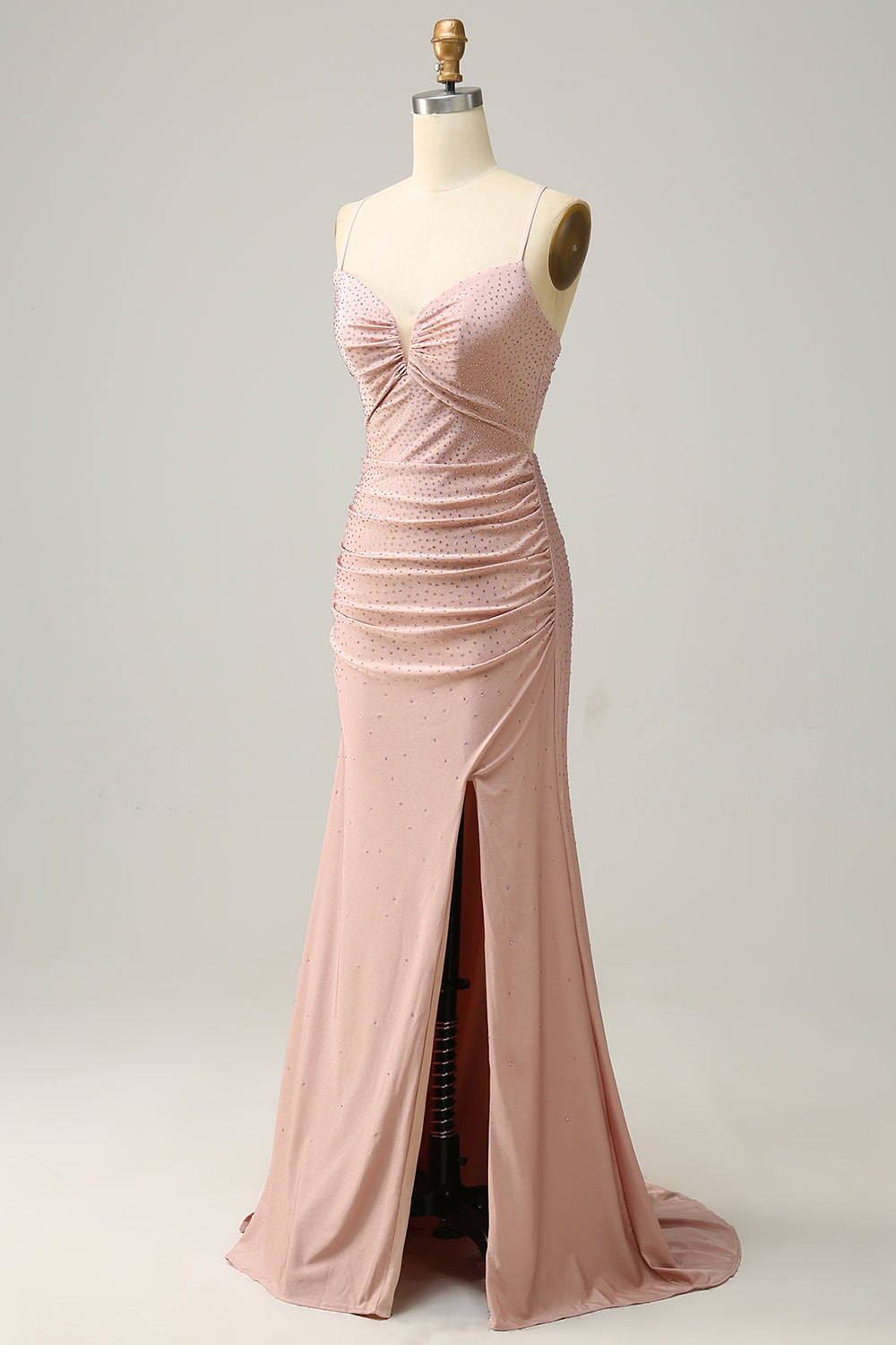 Robe de bal longue sirène bleu roi à bretelles spaghetti et perles