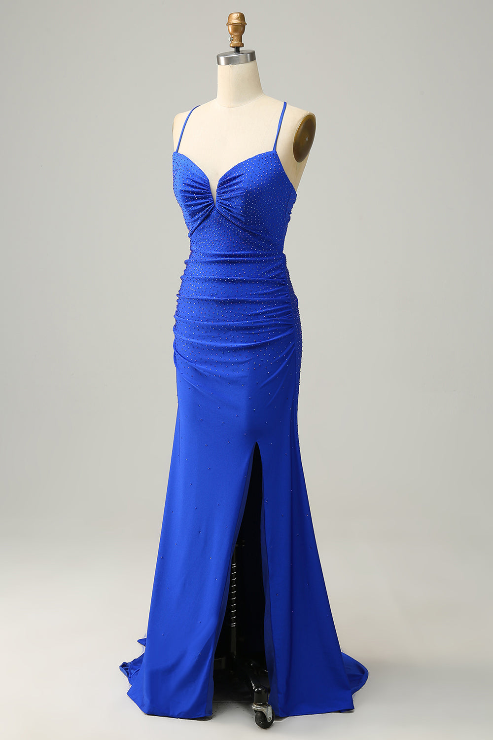Robe de bal longue sirène bleu roi à bretelles spaghetti et perles