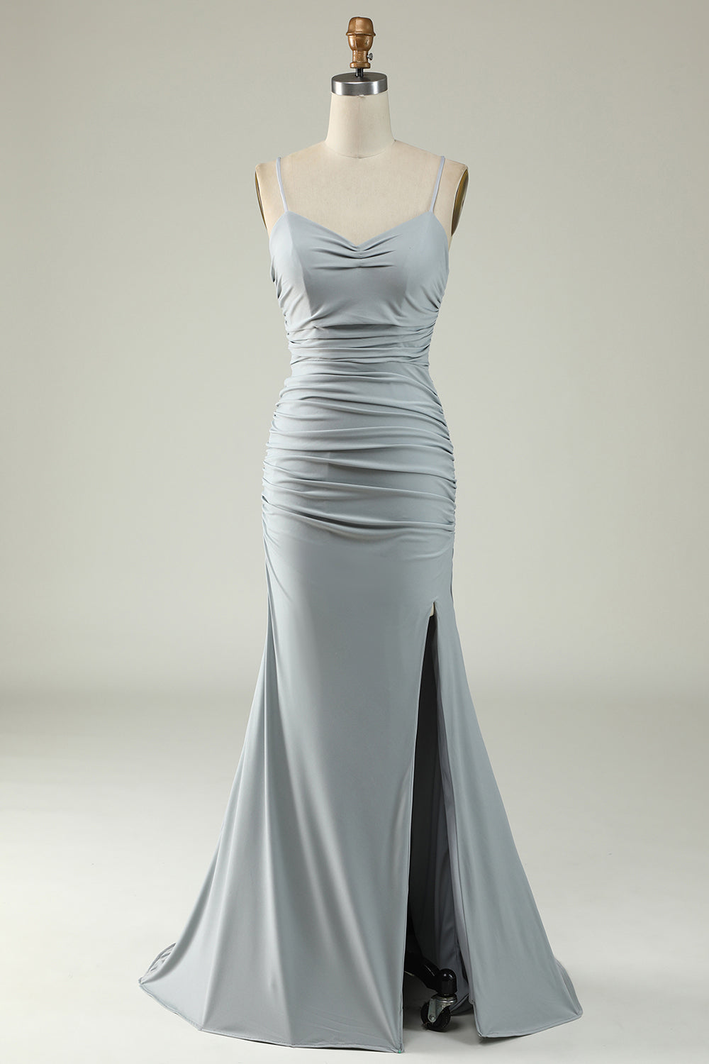Robe de bal sirène grise à bretelles spaghetti grande taille avec dos croisé