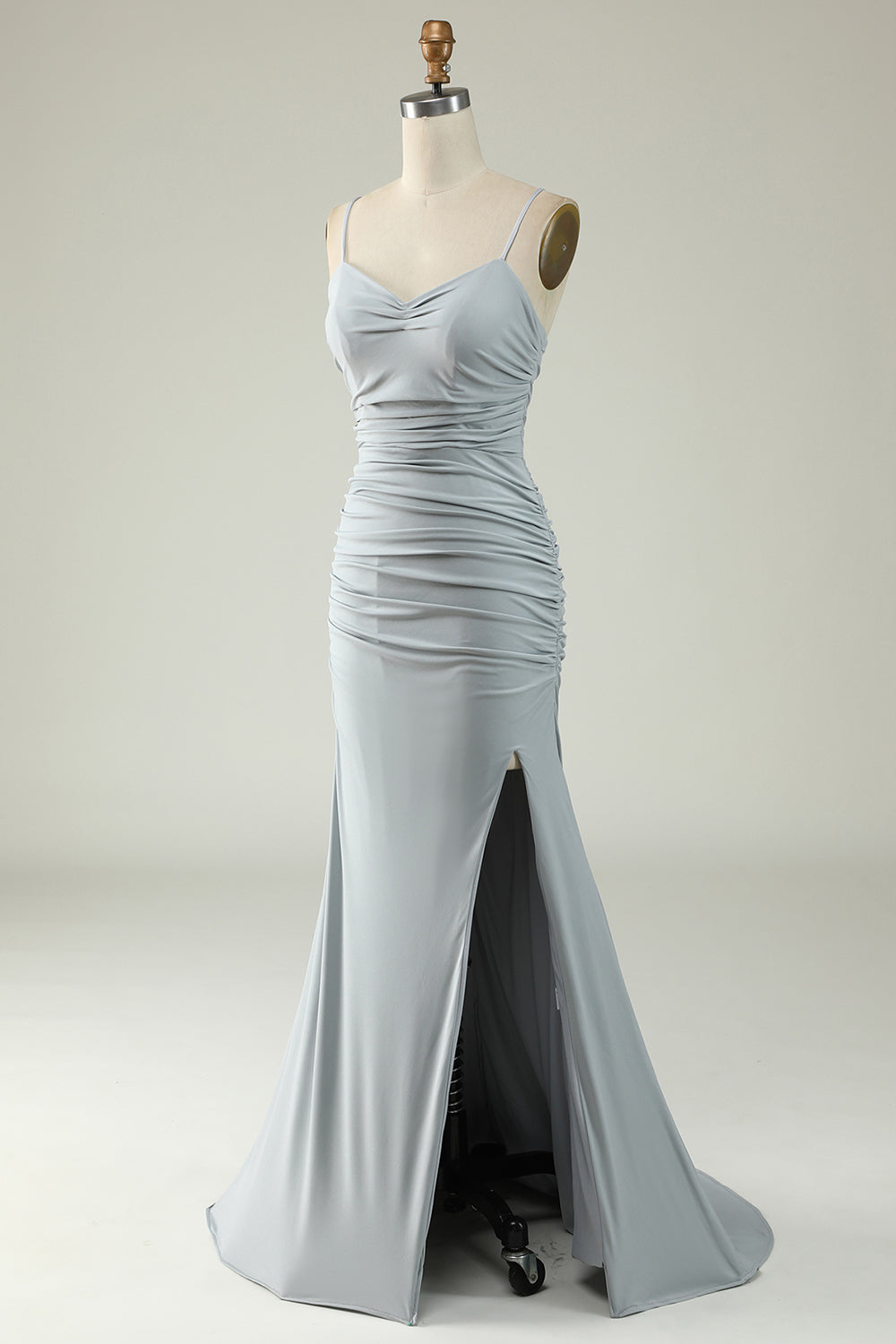 Robe de bal sirène grise à bretelles spaghetti grande taille avec dos croisé