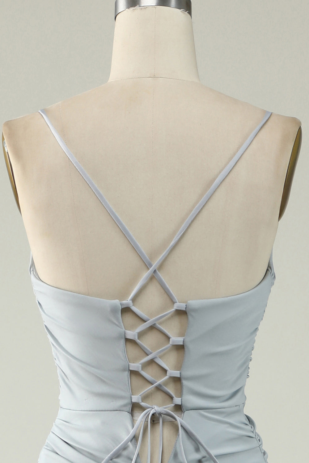 Robe de bal sirène grise à bretelles spaghetti grande taille avec dos croisé