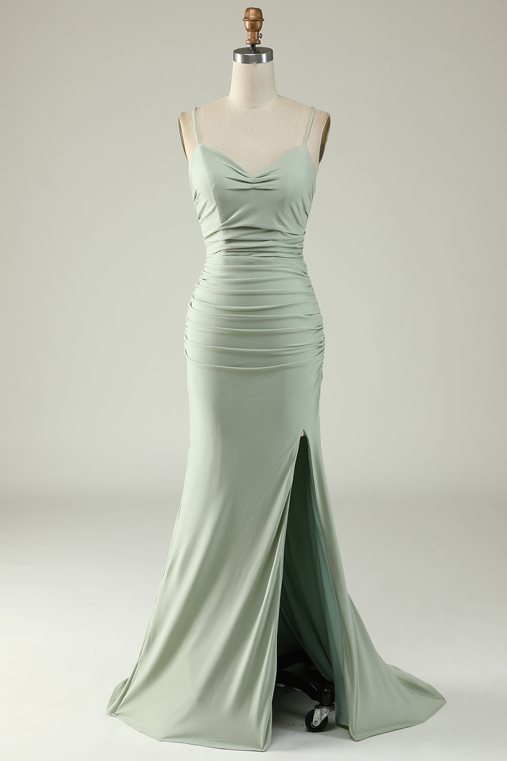 Robe de bal sirène grise à bretelles spaghetti grande taille avec dos croisé