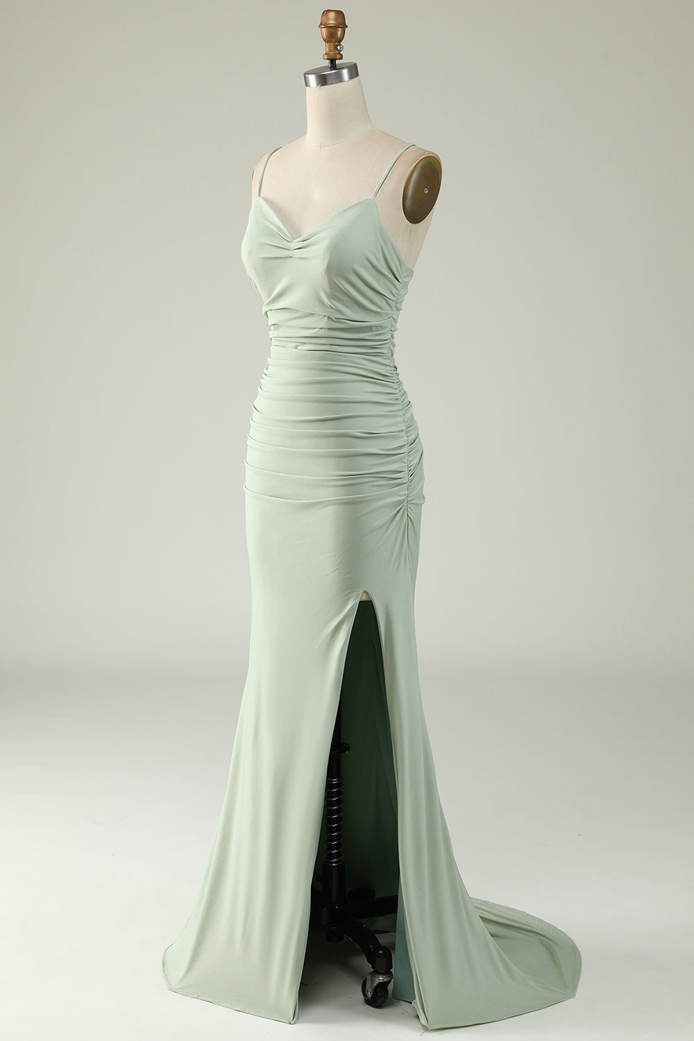 Robe de bal sirène grise à bretelles spaghetti grande taille avec dos croisé