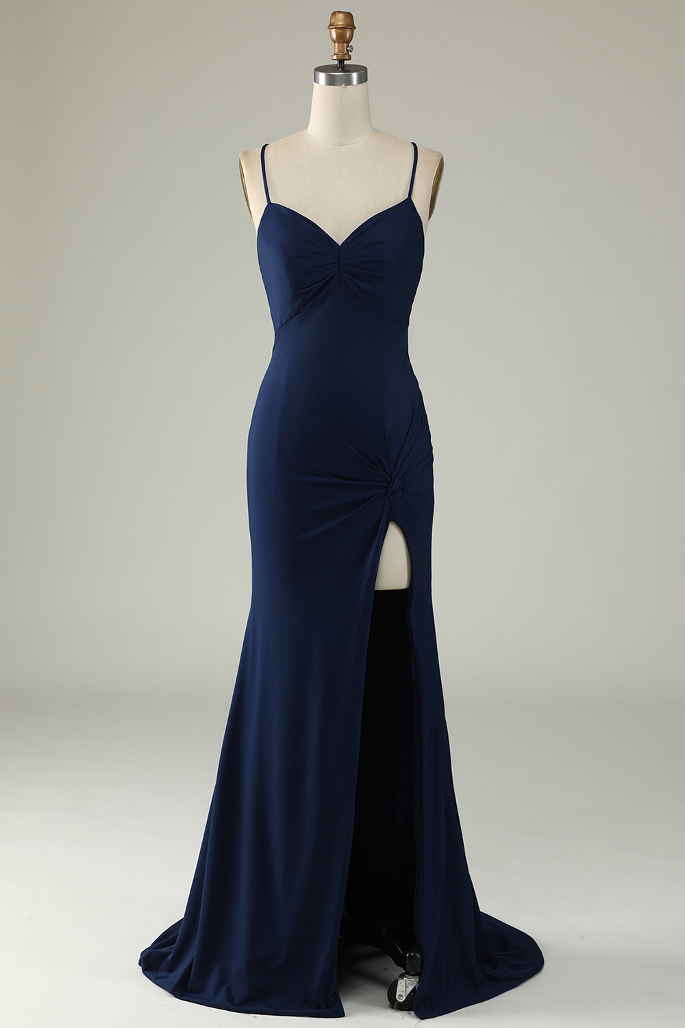 Robe de bal longue rouge sirène à bretelles spaghetti avec fente sur le devant
