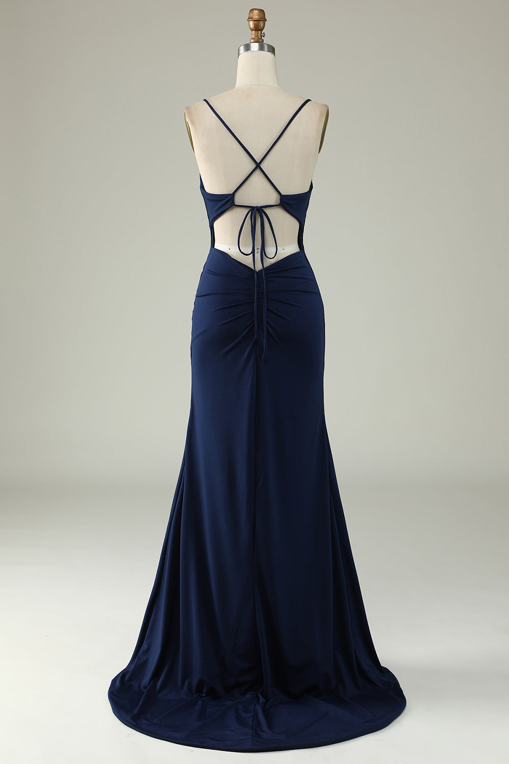 Robe de soirée sirène bleu marine taille plus à bretelles spaghetti et fente frontale