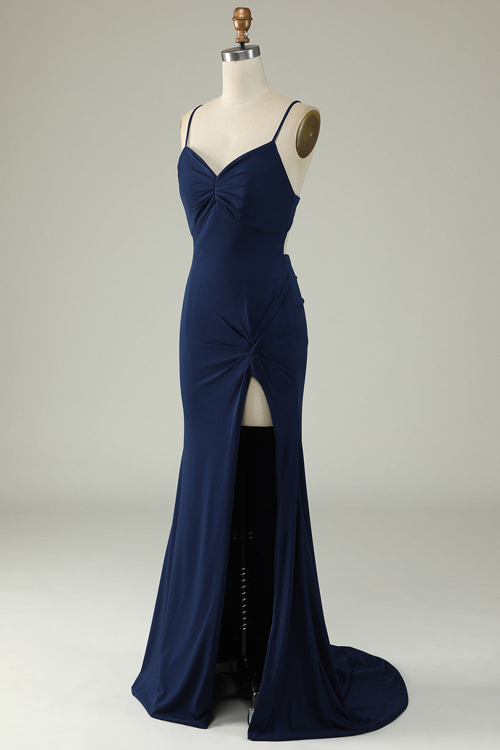 Robe de soirée sirène bleu marine taille plus à bretelles spaghetti et fente frontale
