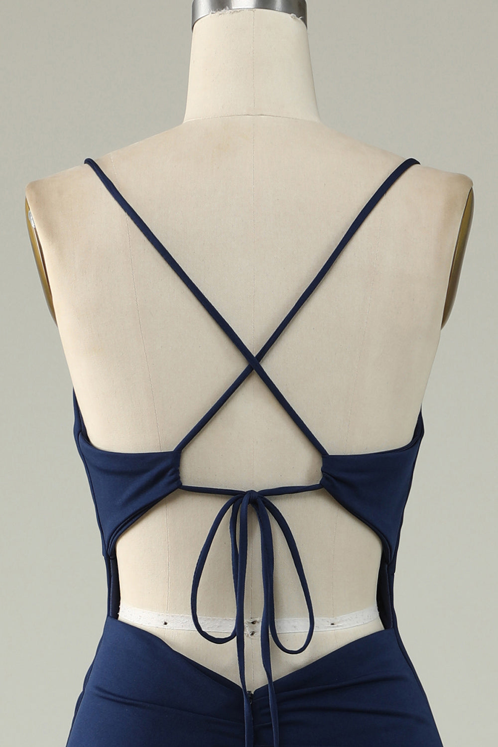 Robe de soirée sirène bleu marine taille plus à bretelles spaghetti et fente frontale