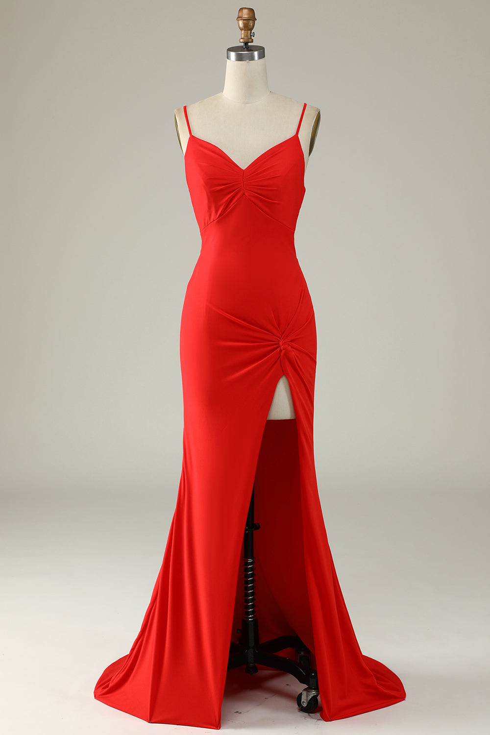 Robe de soirée sirène bleu marine taille plus à bretelles spaghetti et fente frontale