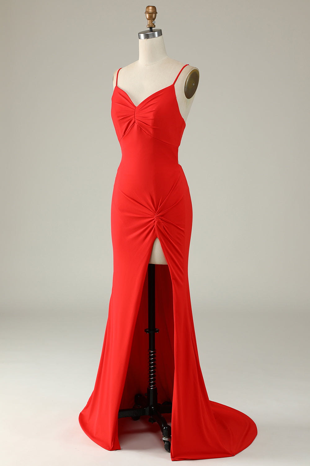 Robe de soirée sirène bleu marine taille plus à bretelles spaghetti et fente frontale