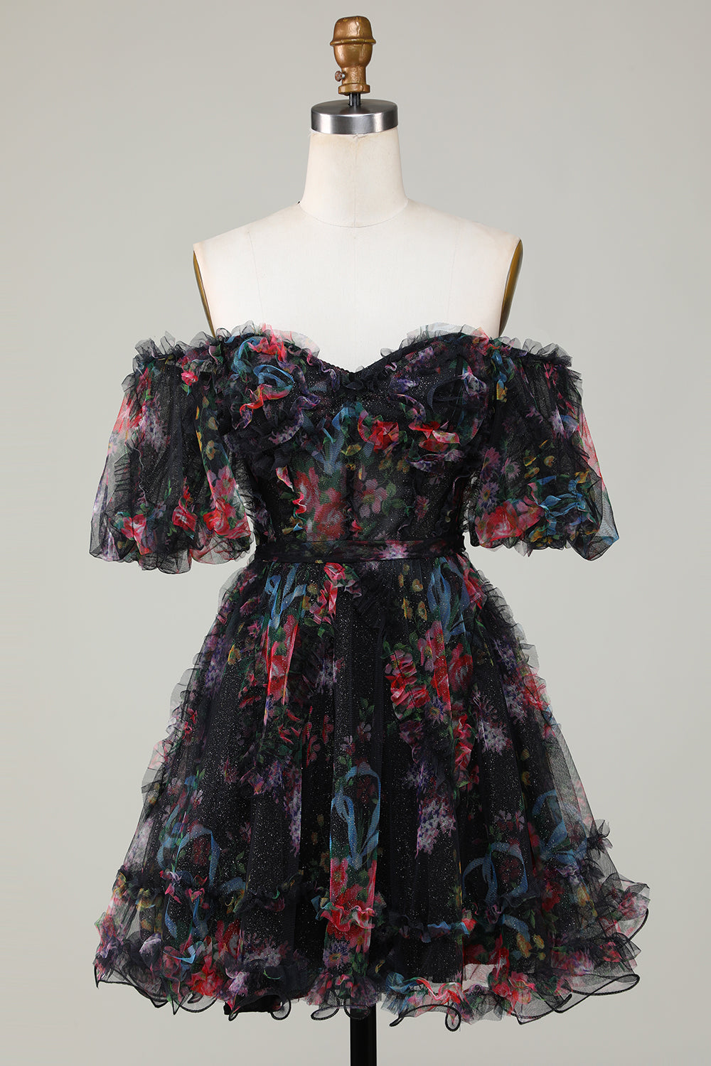 Magnifique robe de bal courte en tulle fuchsia, ligne A, épaules dénudées et manches courtes