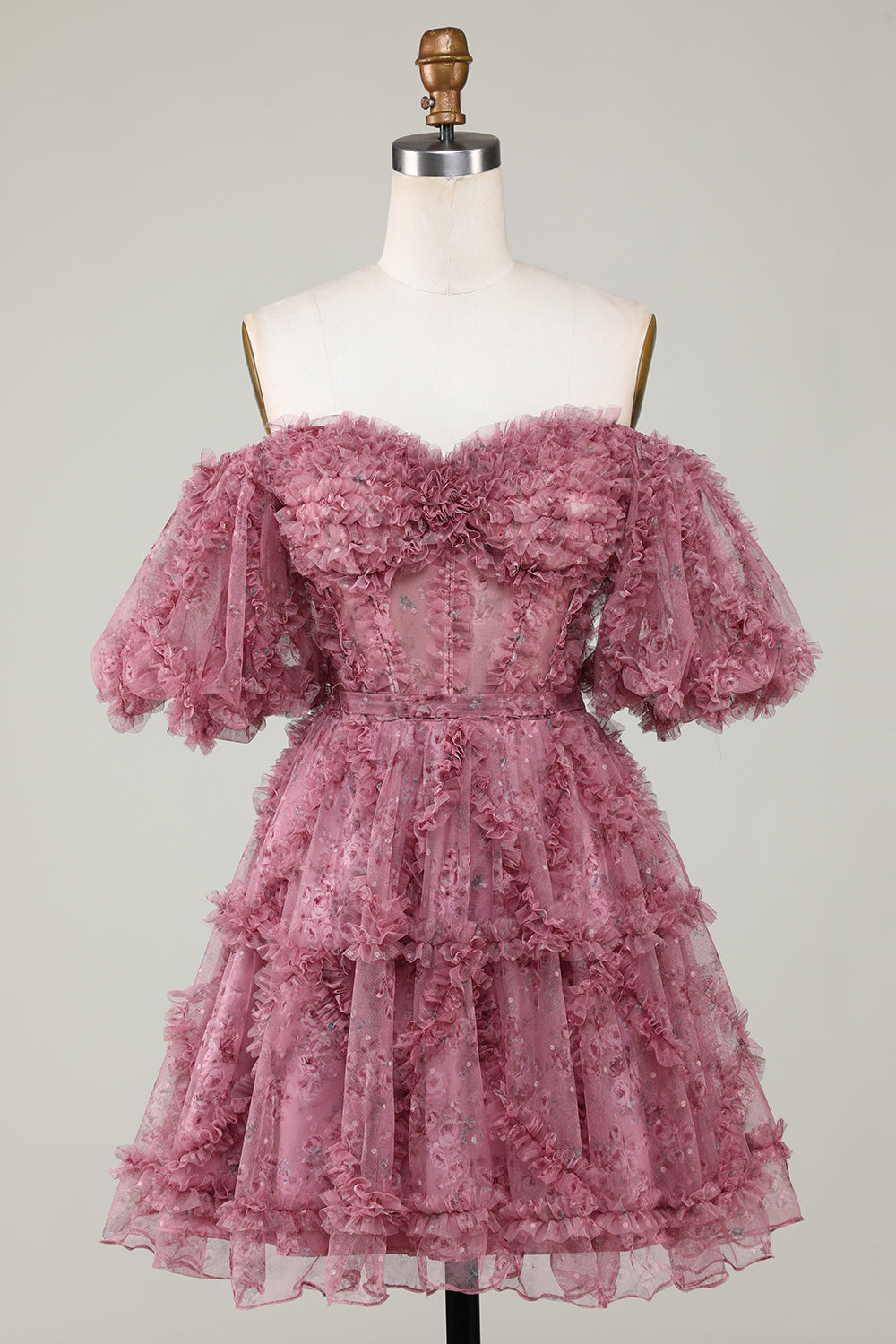 Magnifique robe de bal courte en tulle fuchsia, ligne A, épaules dénudées et manches courtes