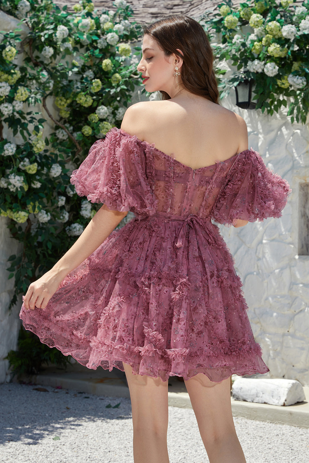 Beautiful A-Line Off-the-Shoulder Fuchsia Tulle Short Homecoming Dress with Short Sleeves