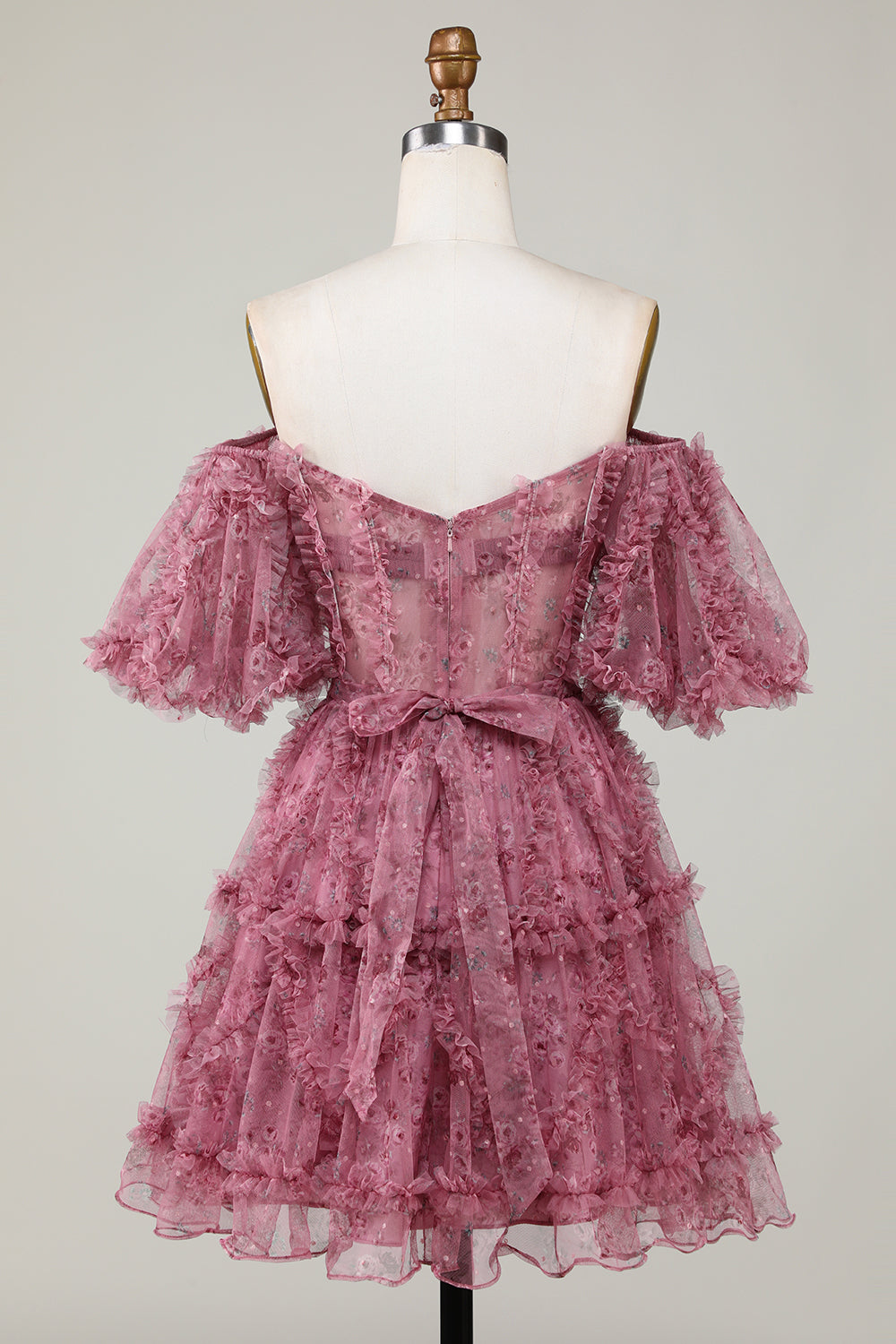 Magnifique robe de bal courte en tulle fuchsia, ligne A, épaules dénudées et manches courtes