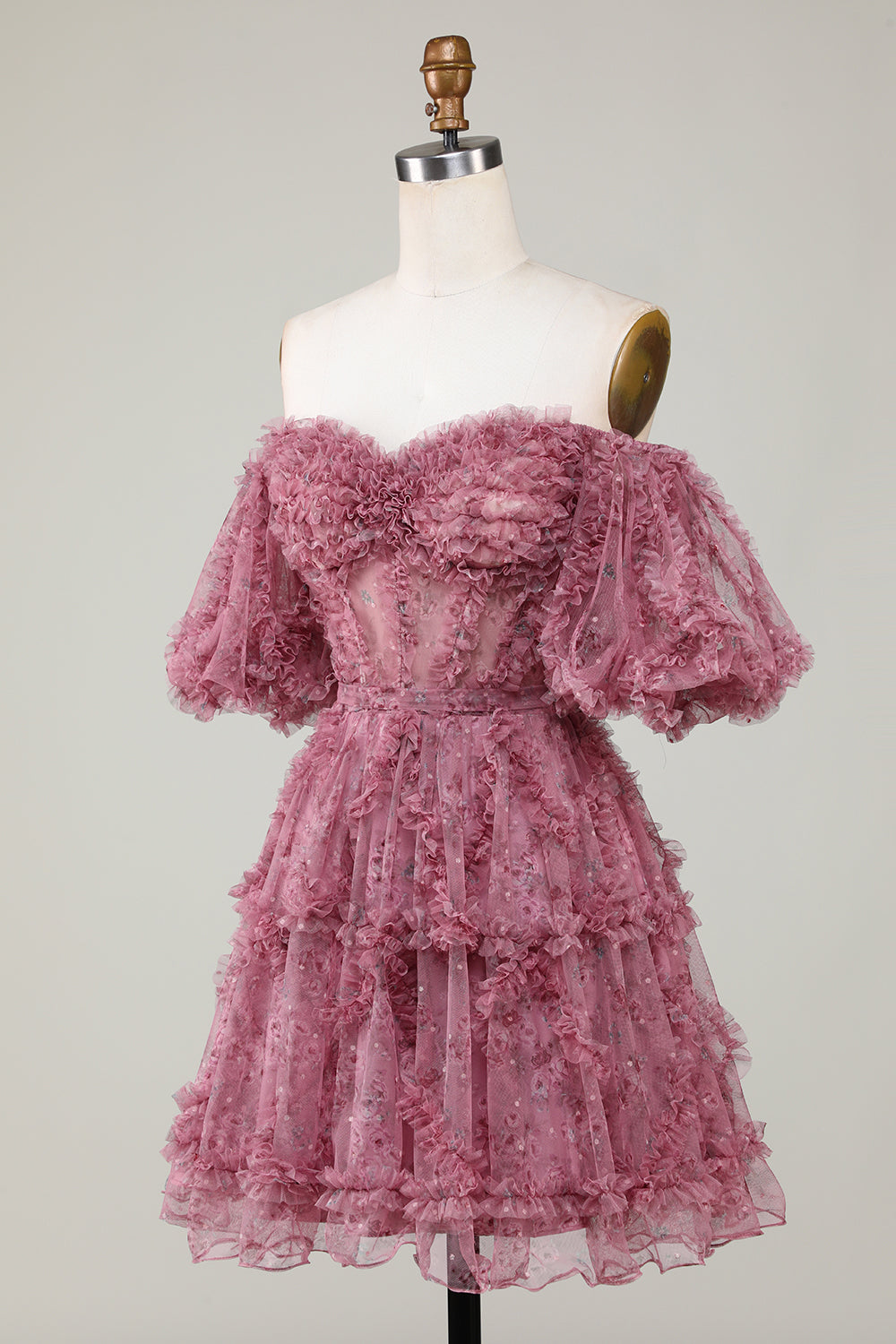 Stylish A-Line Off-the-Shoulder Dusty Rose Tulle Short Homecoming Dress with Short Sleeves