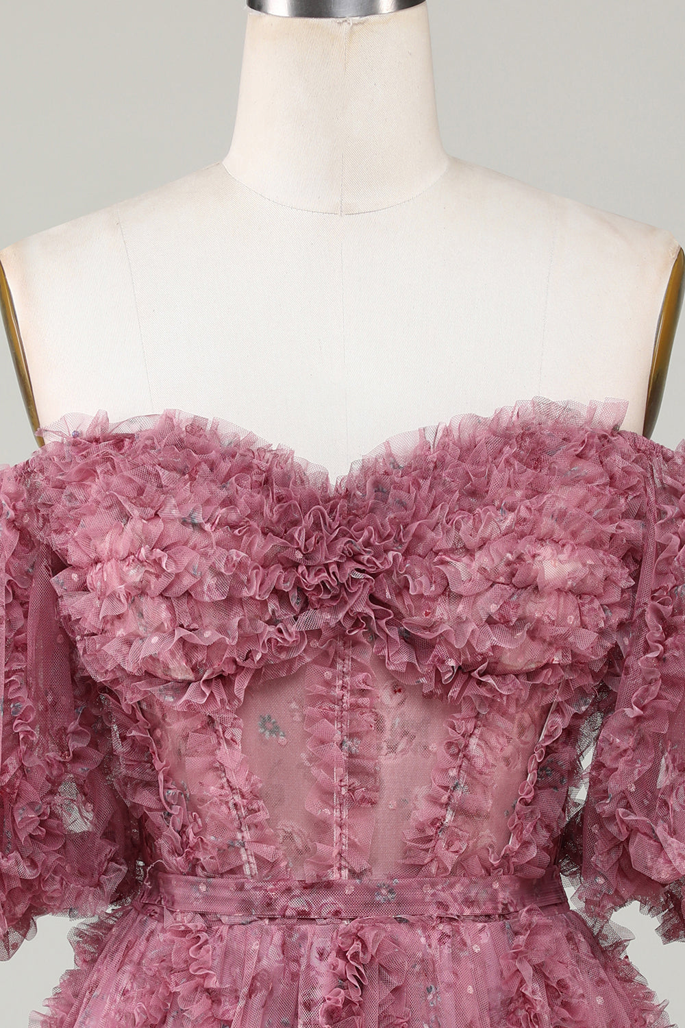Stylish A-Line Off-the-Shoulder Dusty Rose Tulle Short Homecoming Dress with Short Sleeves