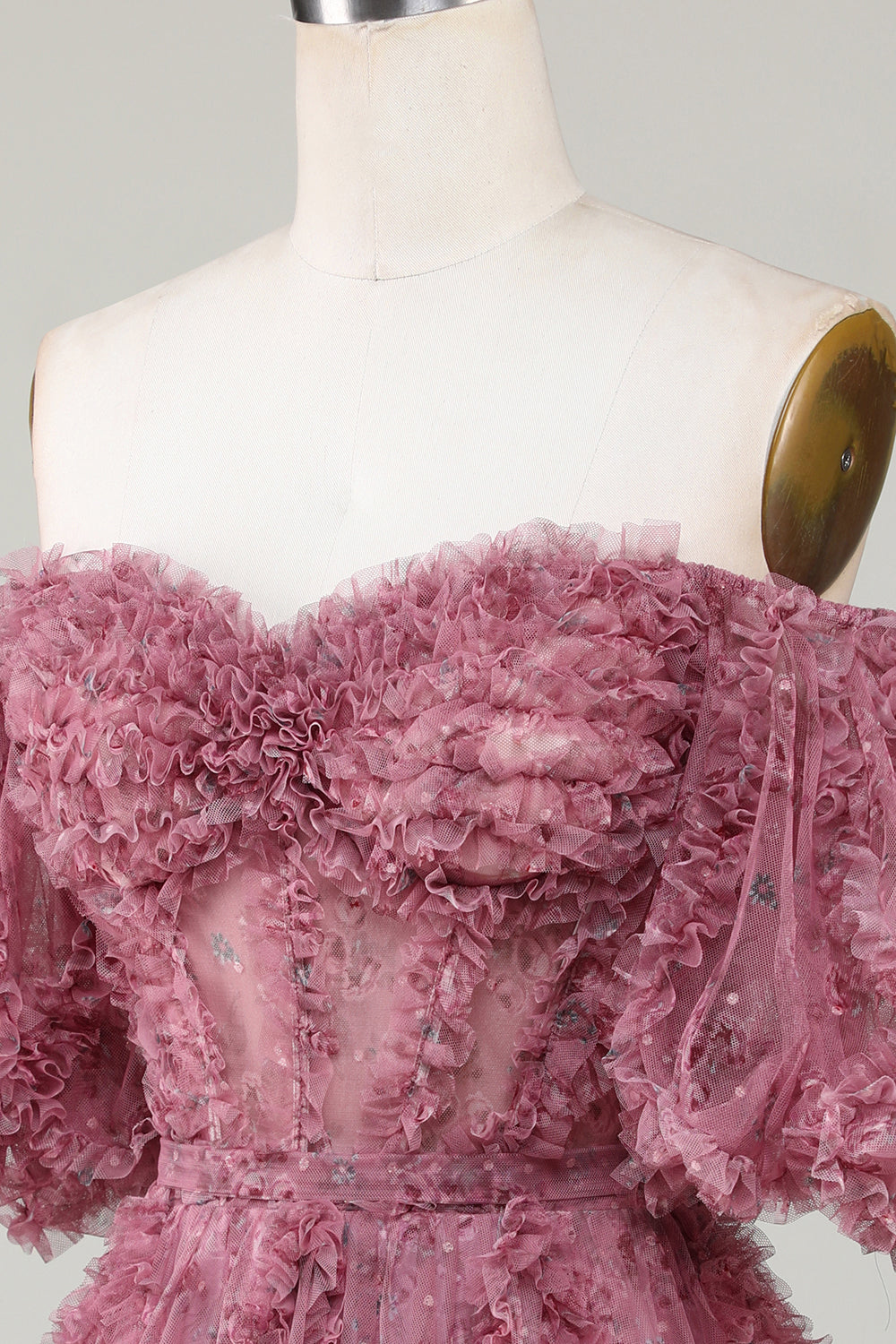 Stylish A-Line Off-the-Shoulder Dusty Rose Tulle Short Homecoming Dress with Short Sleeves
