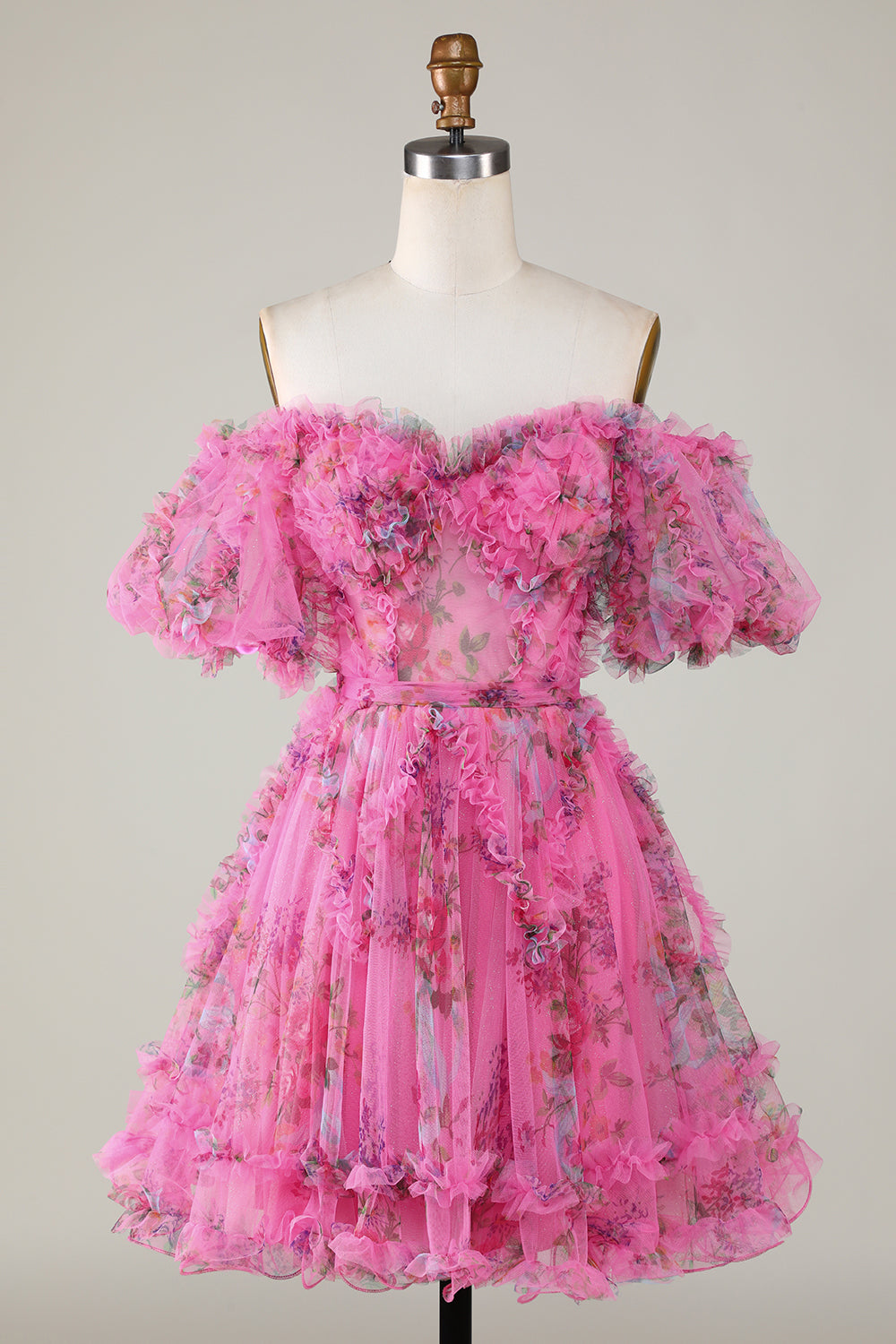 Stylish A-Line Off-the-Shoulder Dusty Rose Tulle Short Homecoming Dress with Short Sleeves