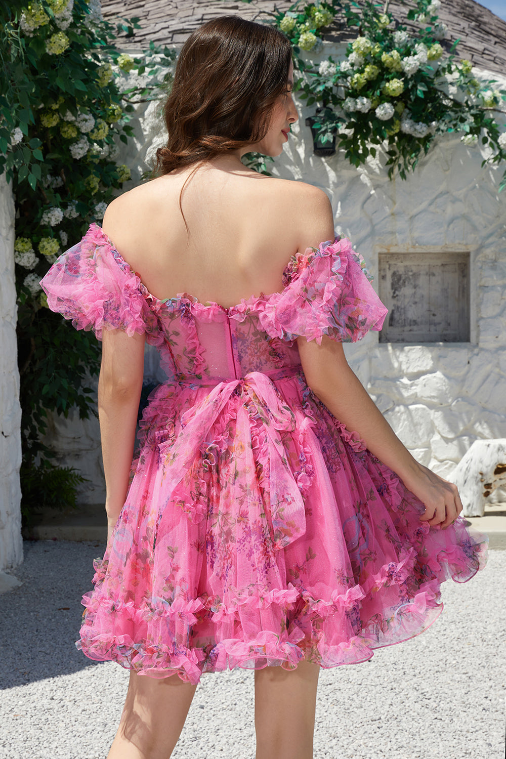 Beautiful A-Line Off-the-Shoulder Fuchsia Tulle Short Homecoming Dress with Short Sleeves