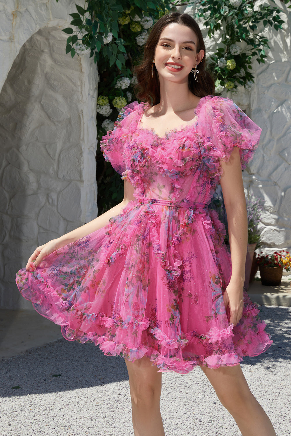 Beautiful A-Line Off-the-Shoulder Fuchsia Tulle Short Homecoming Dress with Short Sleeves