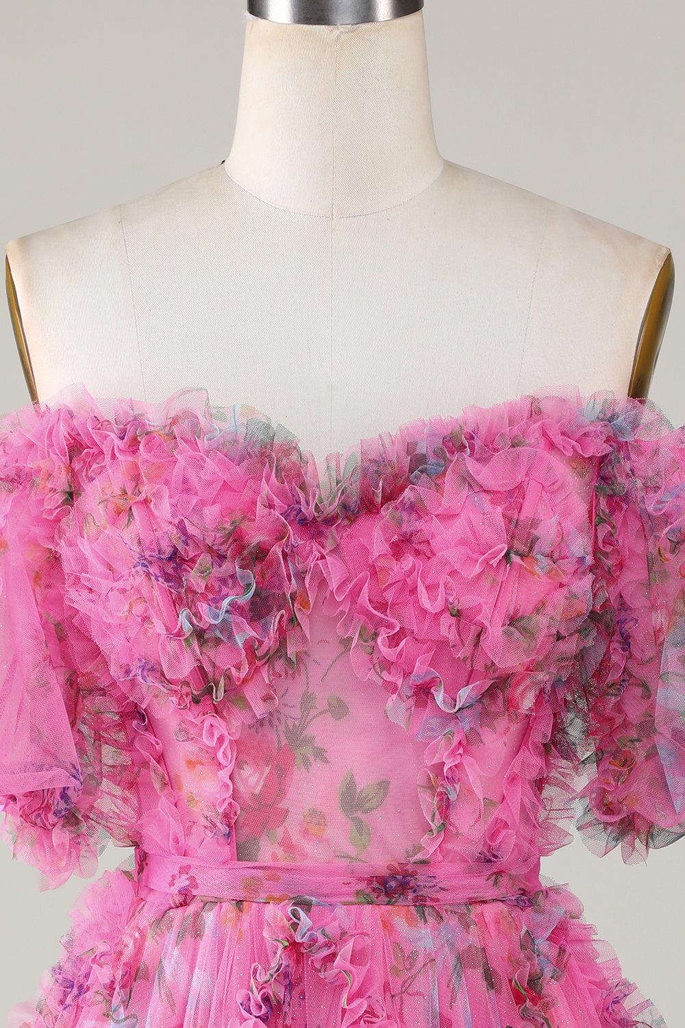 Magnifique robe de bal courte en tulle fuchsia, ligne A, épaules dénudées et manches courtes