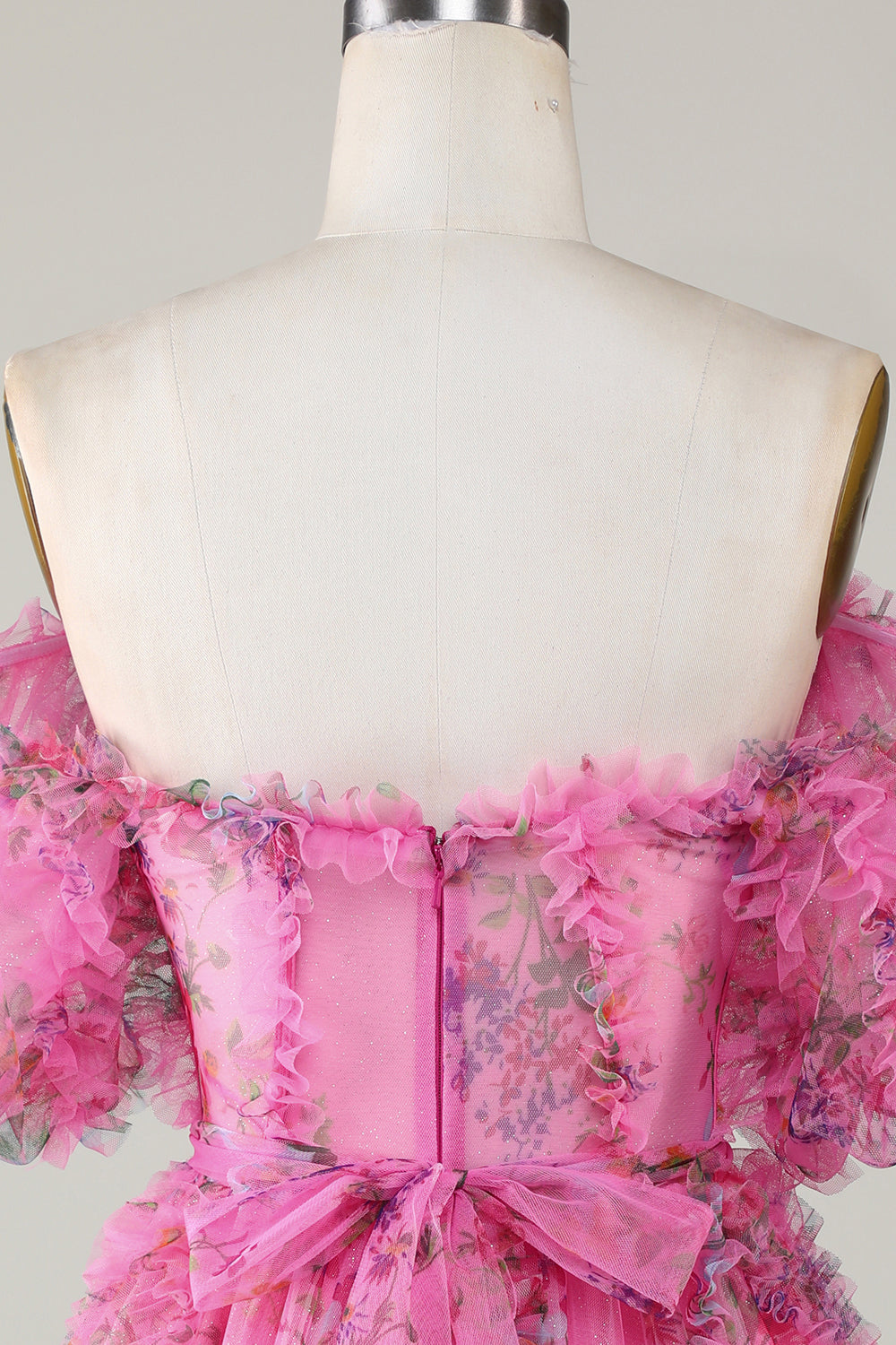Magnifique robe de bal courte en tulle fuchsia, ligne A, épaules dénudées et manches courtes