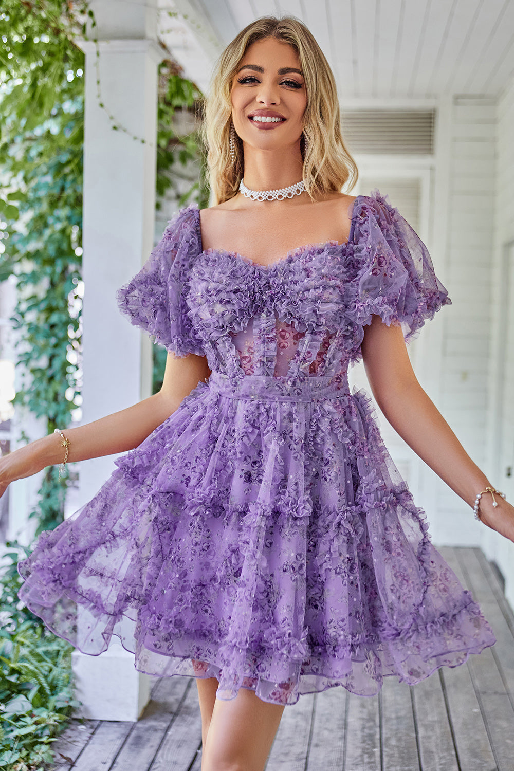 Beautiful A-Line Off-the-Shoulder Fuchsia Tulle Short Homecoming Dress with Short Sleeves