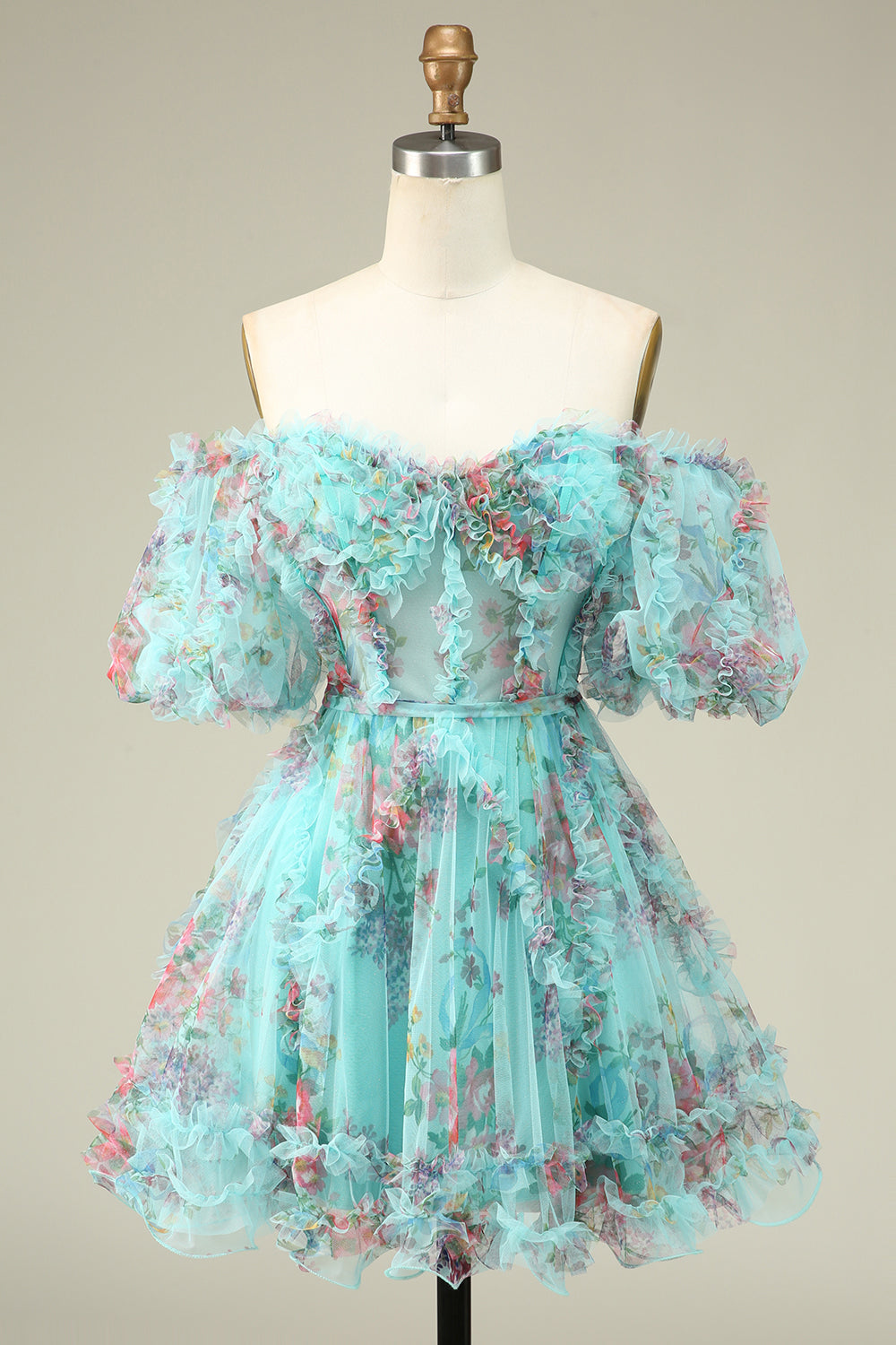 Gorgeous A-Line Off-the-Shoulder Green Tulle Short Homecoming Dress with Short Sleeves