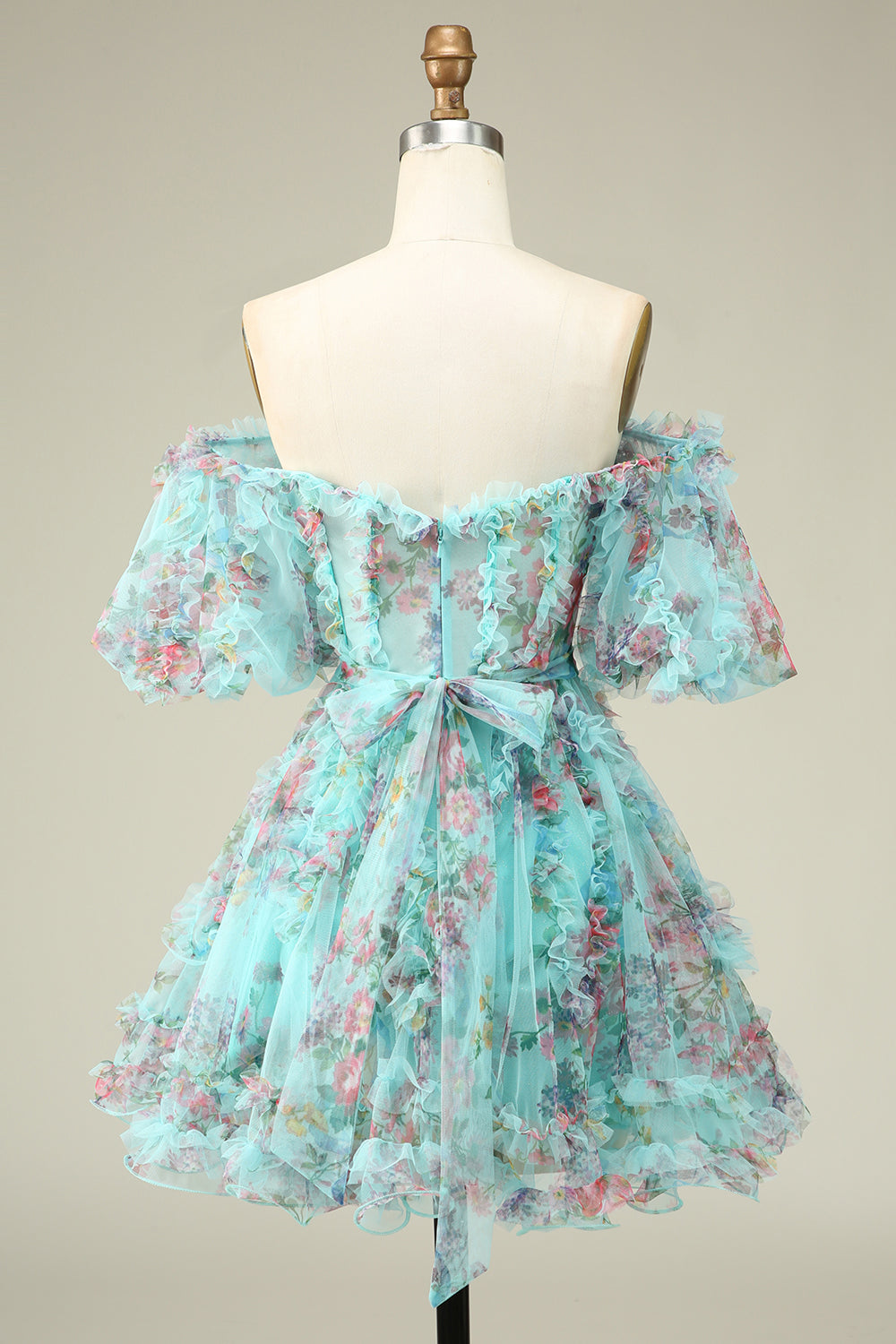 Gorgeous A-Line Off-the-Shoulder Green Tulle Short Homecoming Dress with Short Sleeves