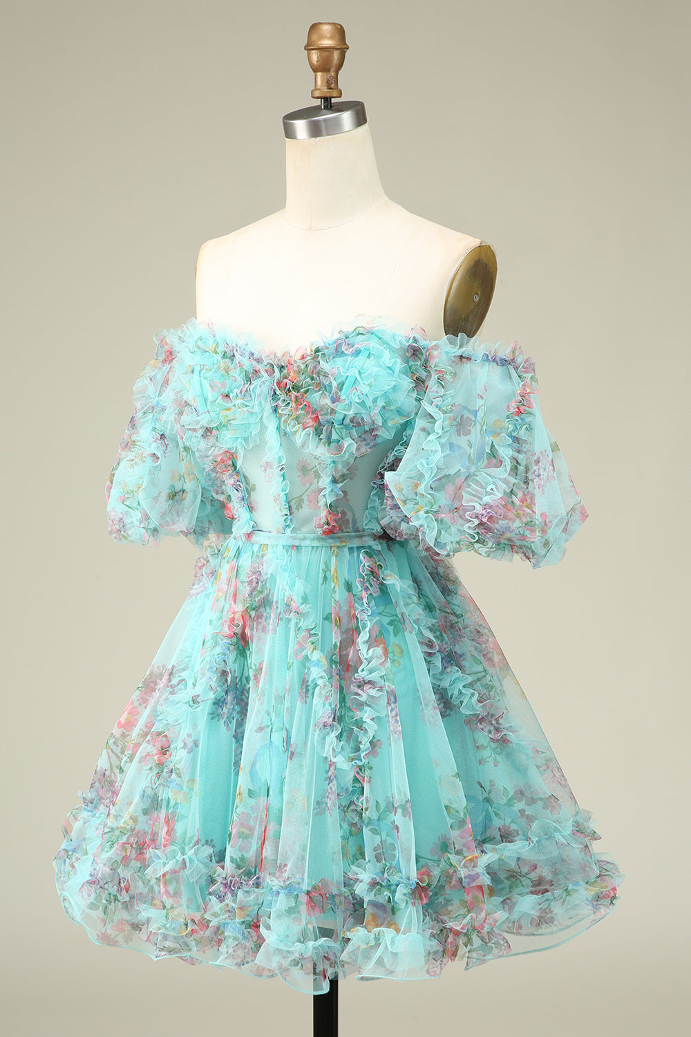 Gorgeous A-Line Off-the-Shoulder Green Tulle Short Homecoming Dress with Short Sleeves